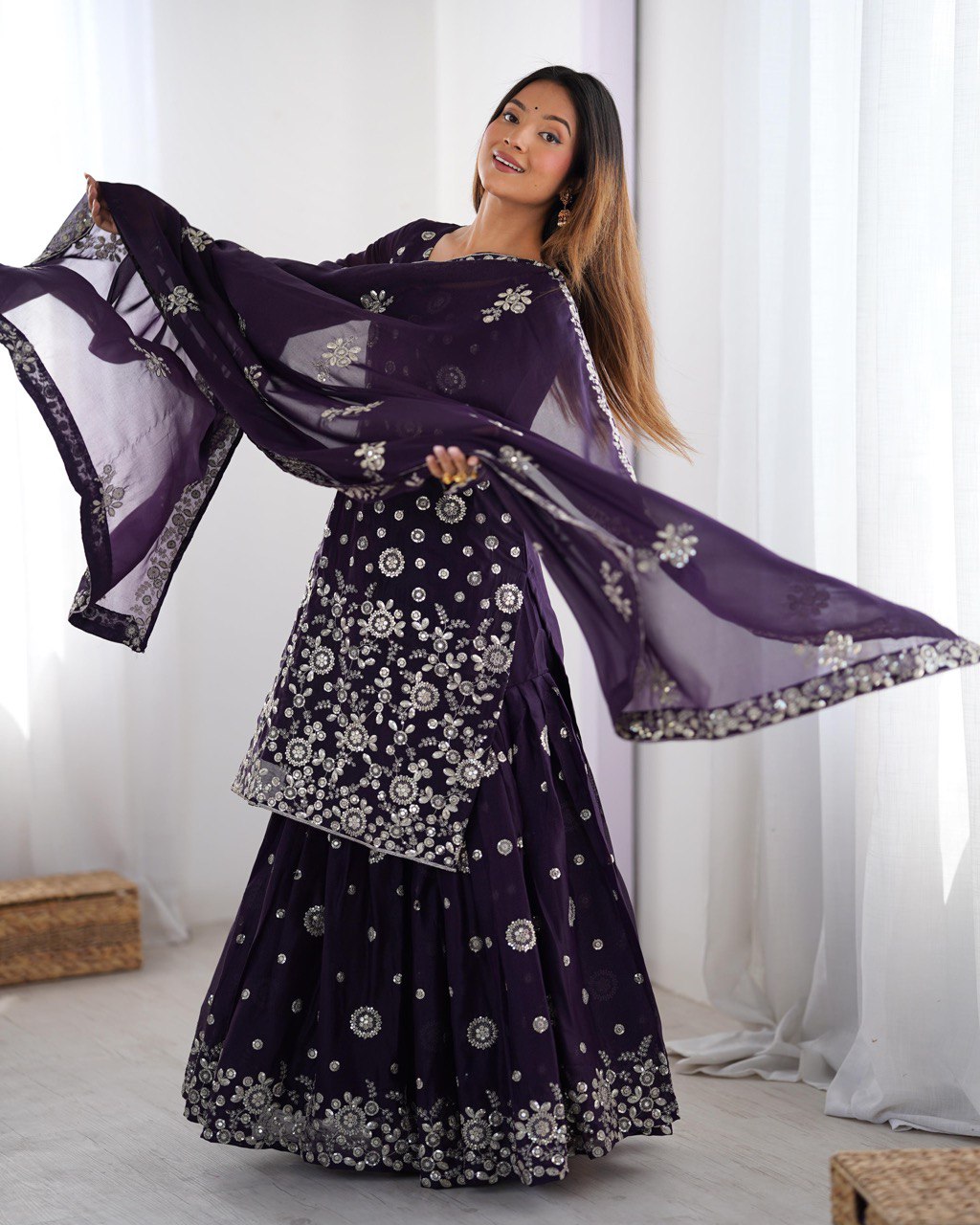 Wedding Wear Purple Star Georgette Thread With Sequence Work Sharara Suit
