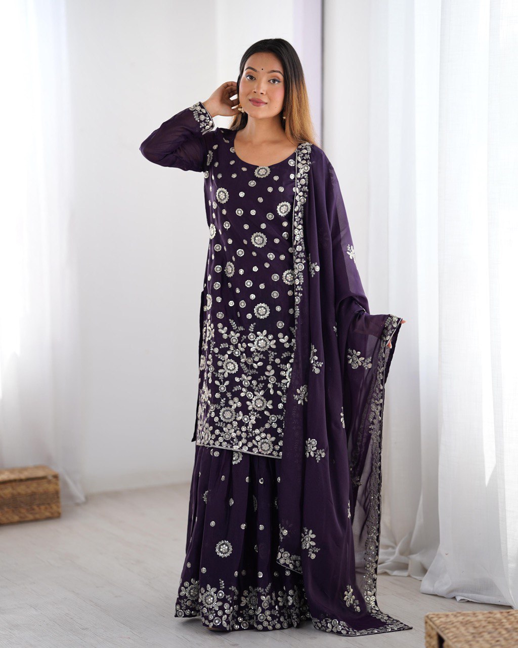 Wedding Wear Purple Star Georgette Thread With Sequence Work Sharara Suit
