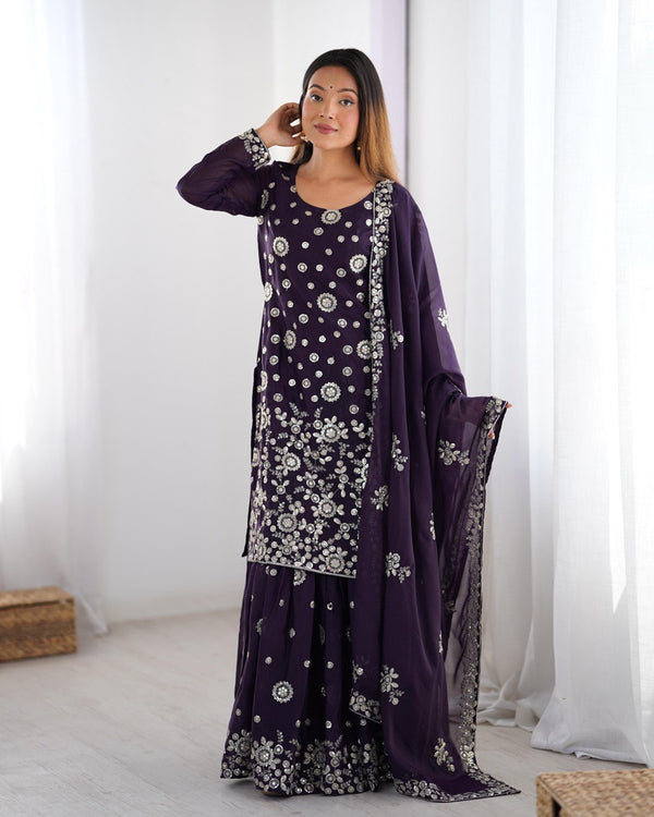 Wedding Wear Purple Star Georgette Thread With Sequence Work Sharara Suit