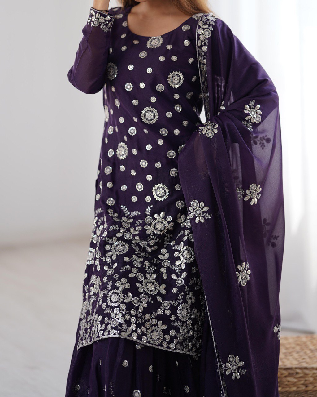 Wedding Wear Purple Star Georgette Thread With Sequence Work Sharara Suit