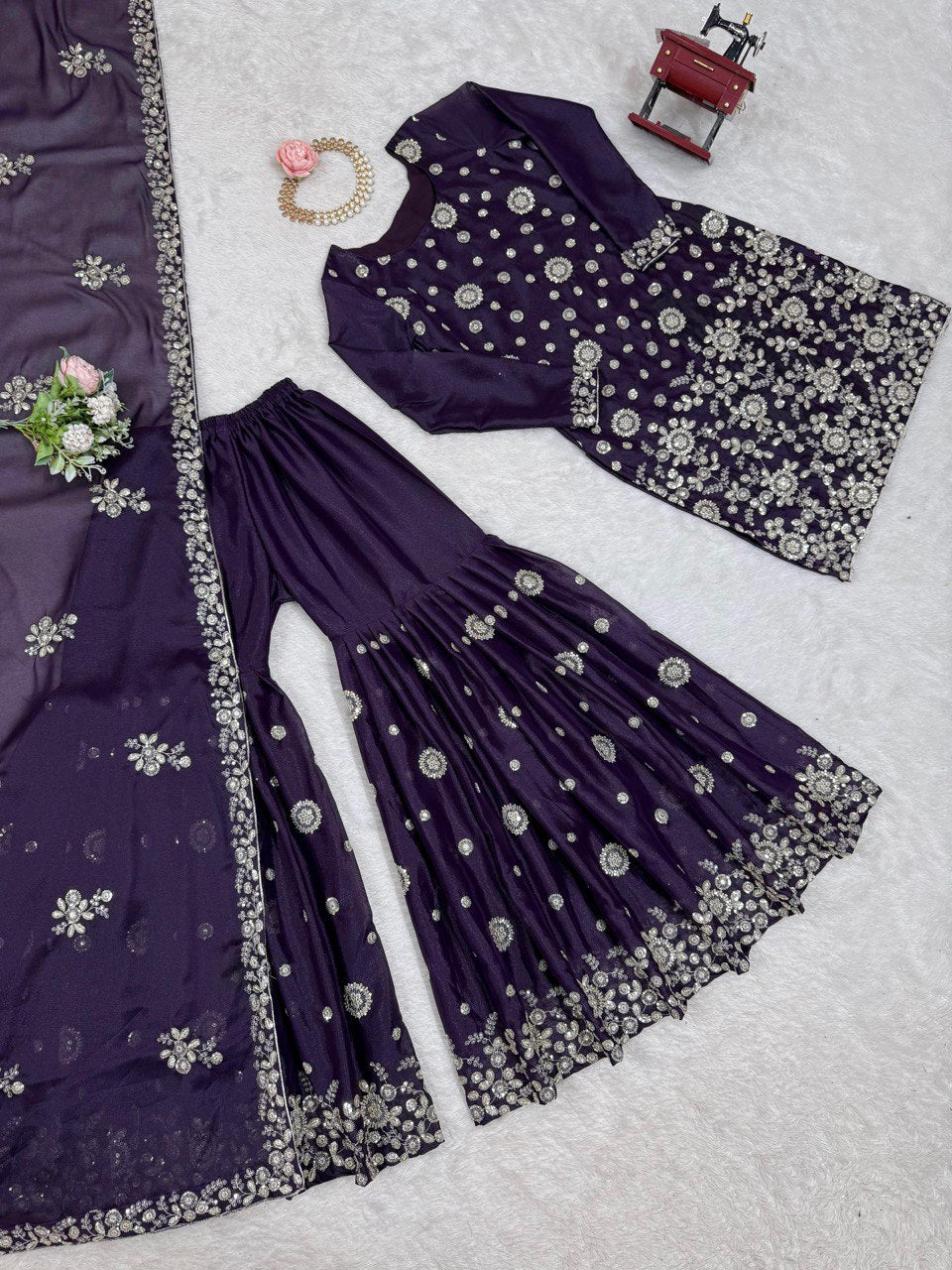 Wedding Wear Purple Star Georgette Thread With Sequence Work Sharara Suit