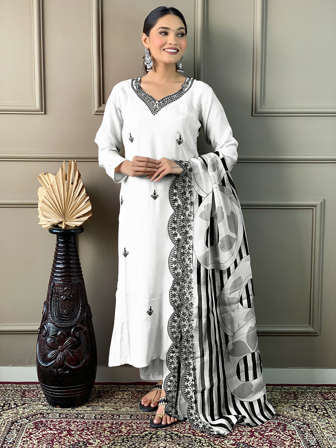 Glimmering White Color Chanderi Viscose With Embroidery Work Designer Kurta Set