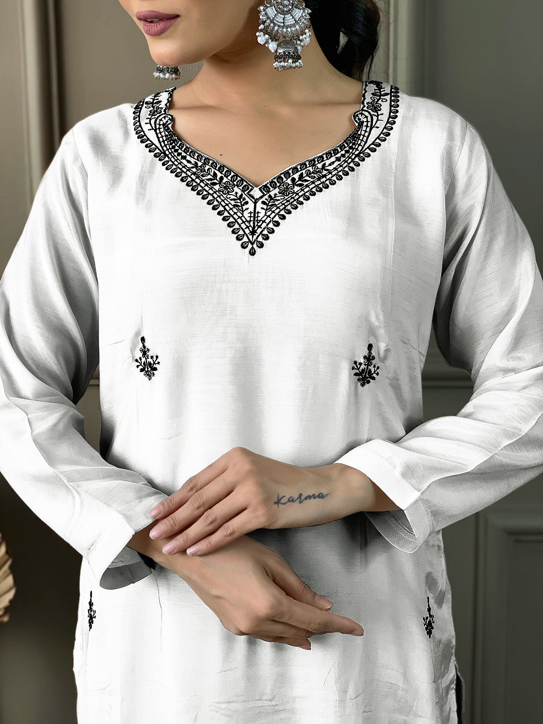 Glimmering White Color Chanderi Viscose With Embroidery Work Designer Kurta Set