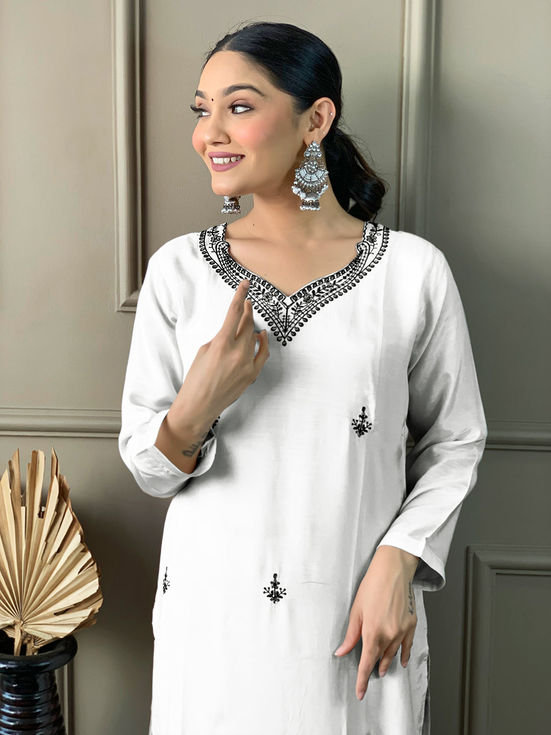 Glimmering White Color Chanderi Viscose With Embroidery Work Designer Kurta Set