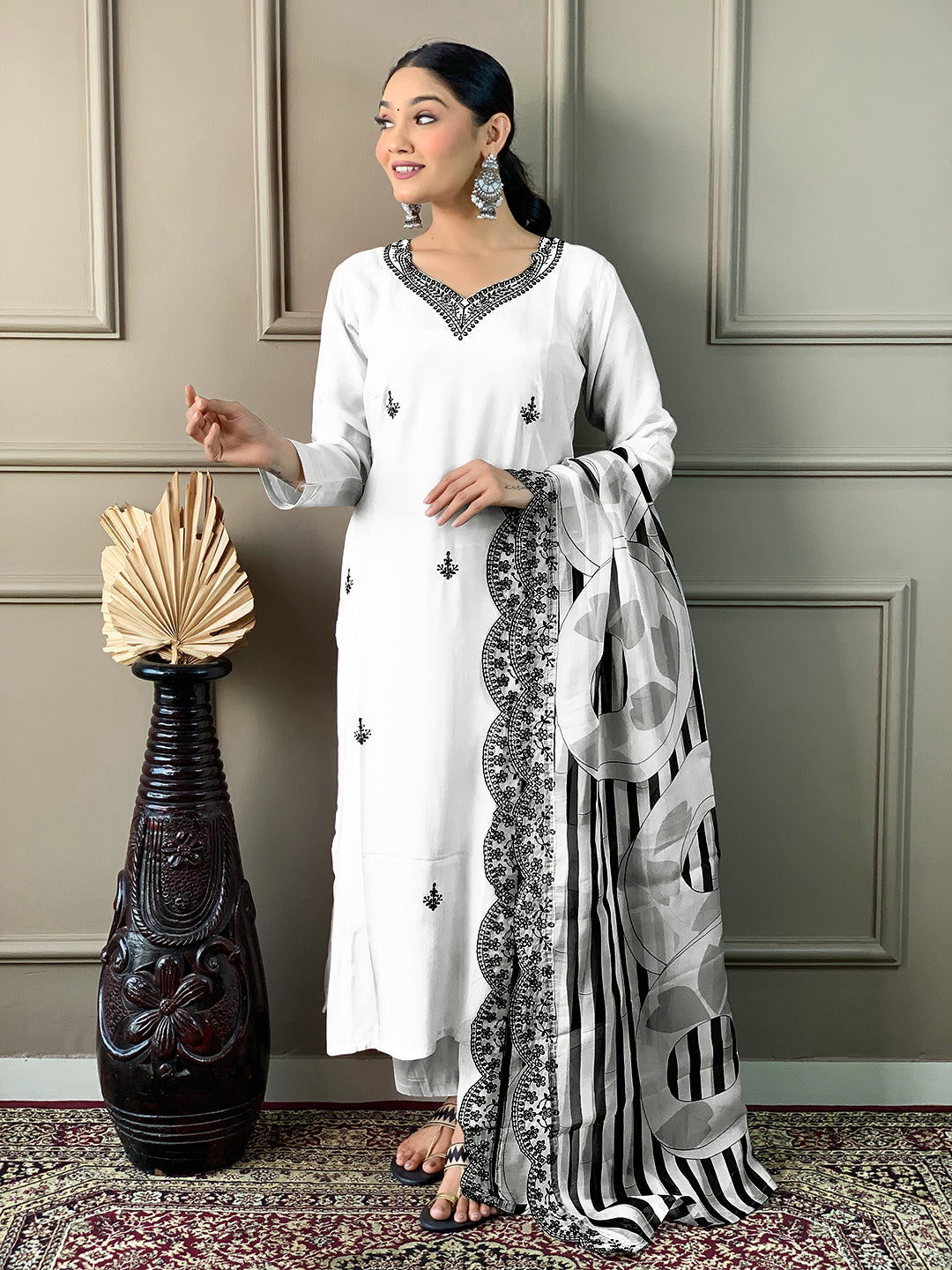 Glimmering White Color Chanderi Viscose With Embroidery Work Designer Kurta Set