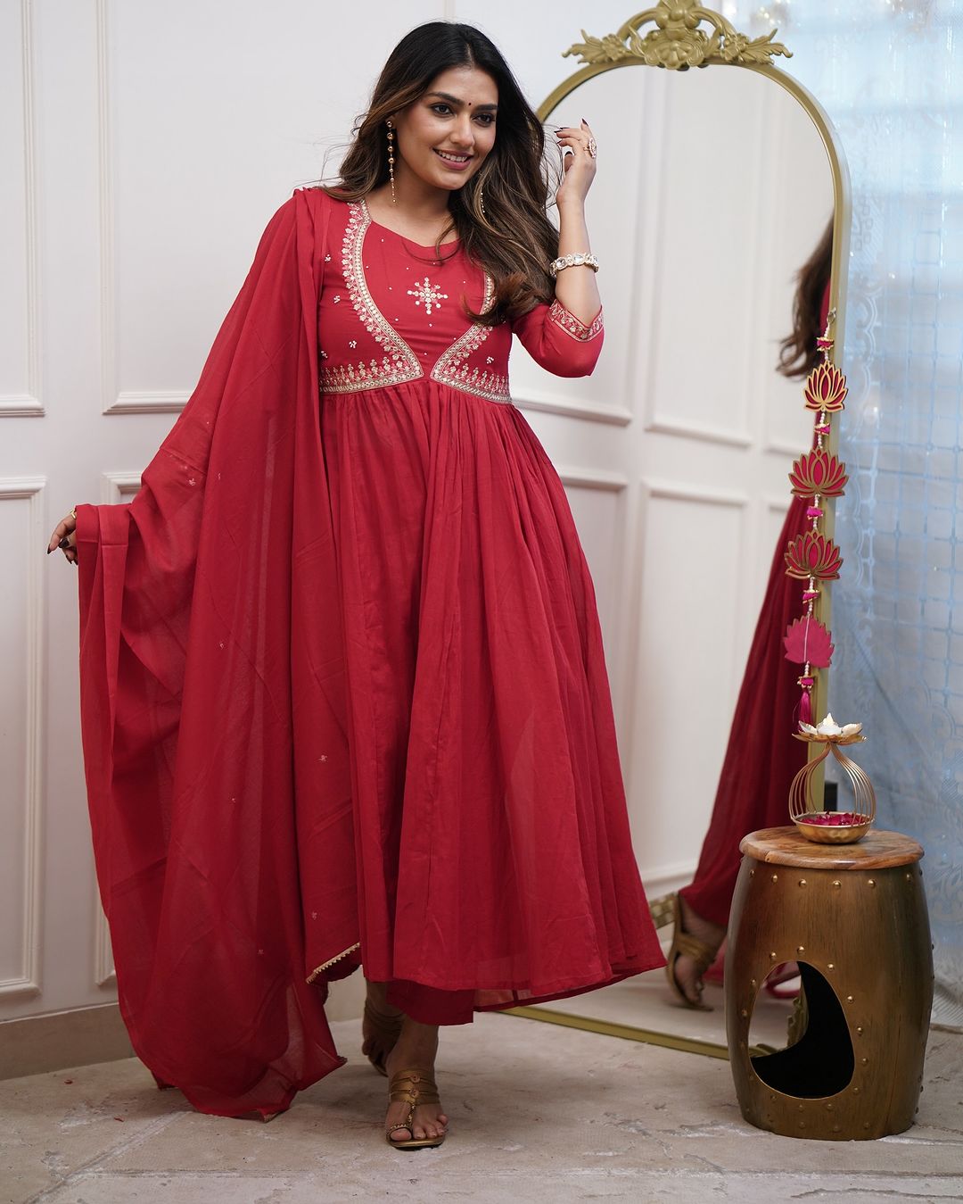 Charming Red Color Muslin Cotton And Embroidered Work With Flared Kurta Set