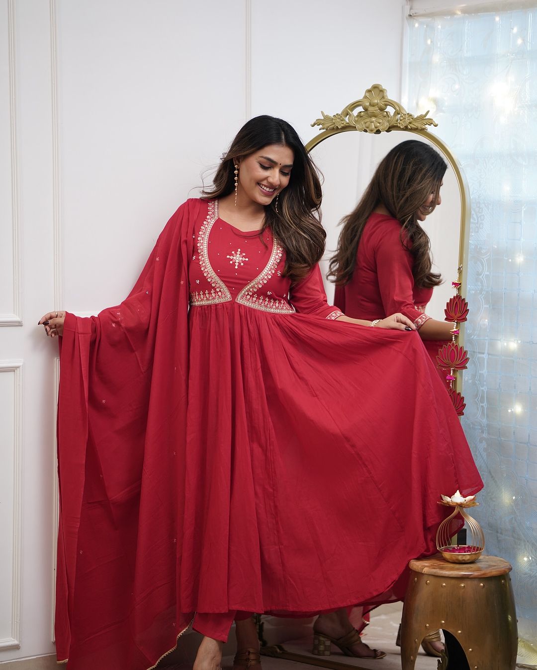 Charming Red Color Muslin Cotton And Embroidered Work With Flared Kurta Set