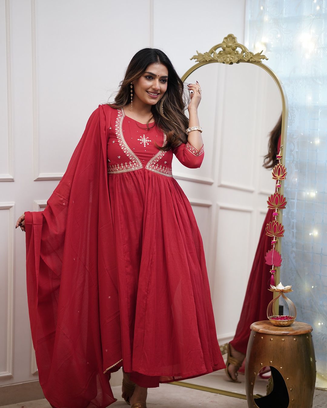 Charming Red Color Muslin Cotton And Embroidered Work With Flared Kurta Set