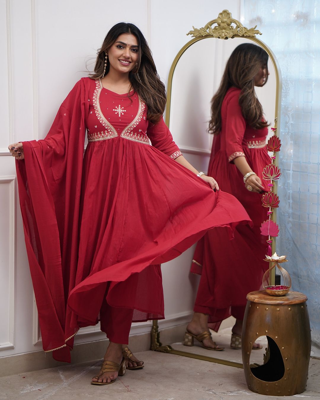 Charming Red Color Muslin Cotton And Embroidered Work With Flared Kurta Set