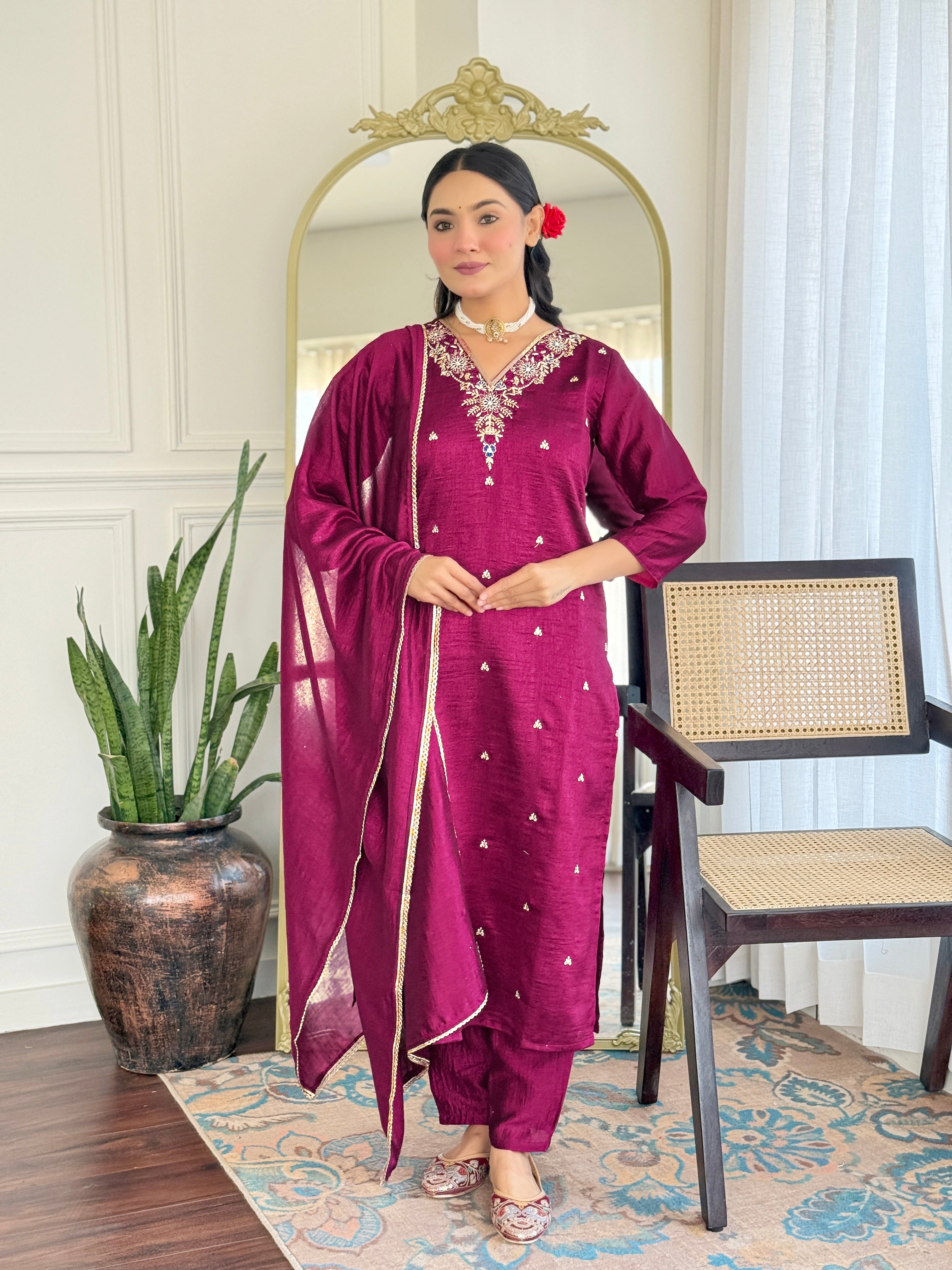Festive Wear Wine Color Vichitra With Embroidery Work 3 Piece Kurta Set