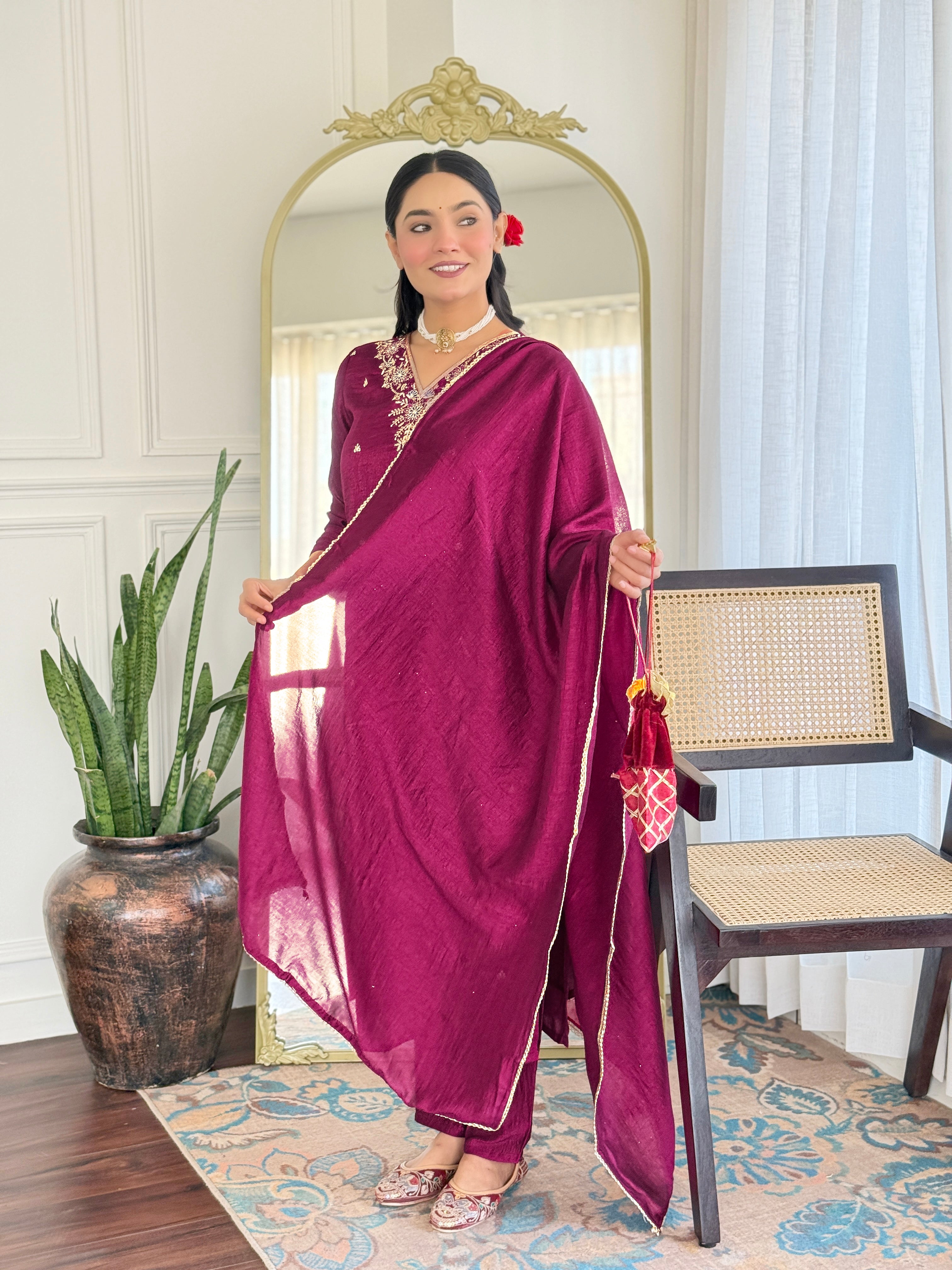 Festive Wear Wine Color Vichitra With Embroidery Work 3 Piece Kurta Set