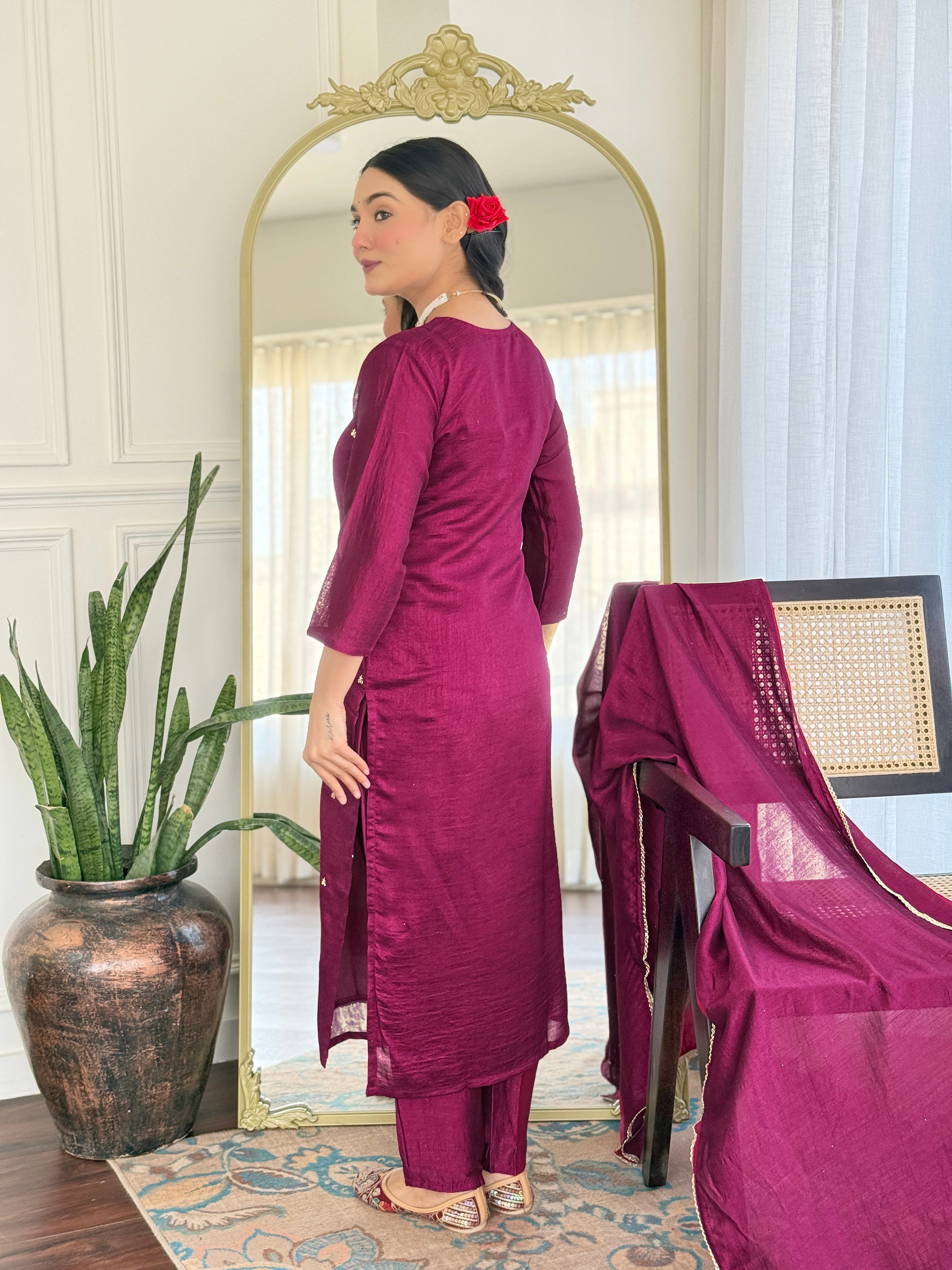 Festive Wear Wine Color Vichitra With Embroidery Work 3 Piece Kurta Set