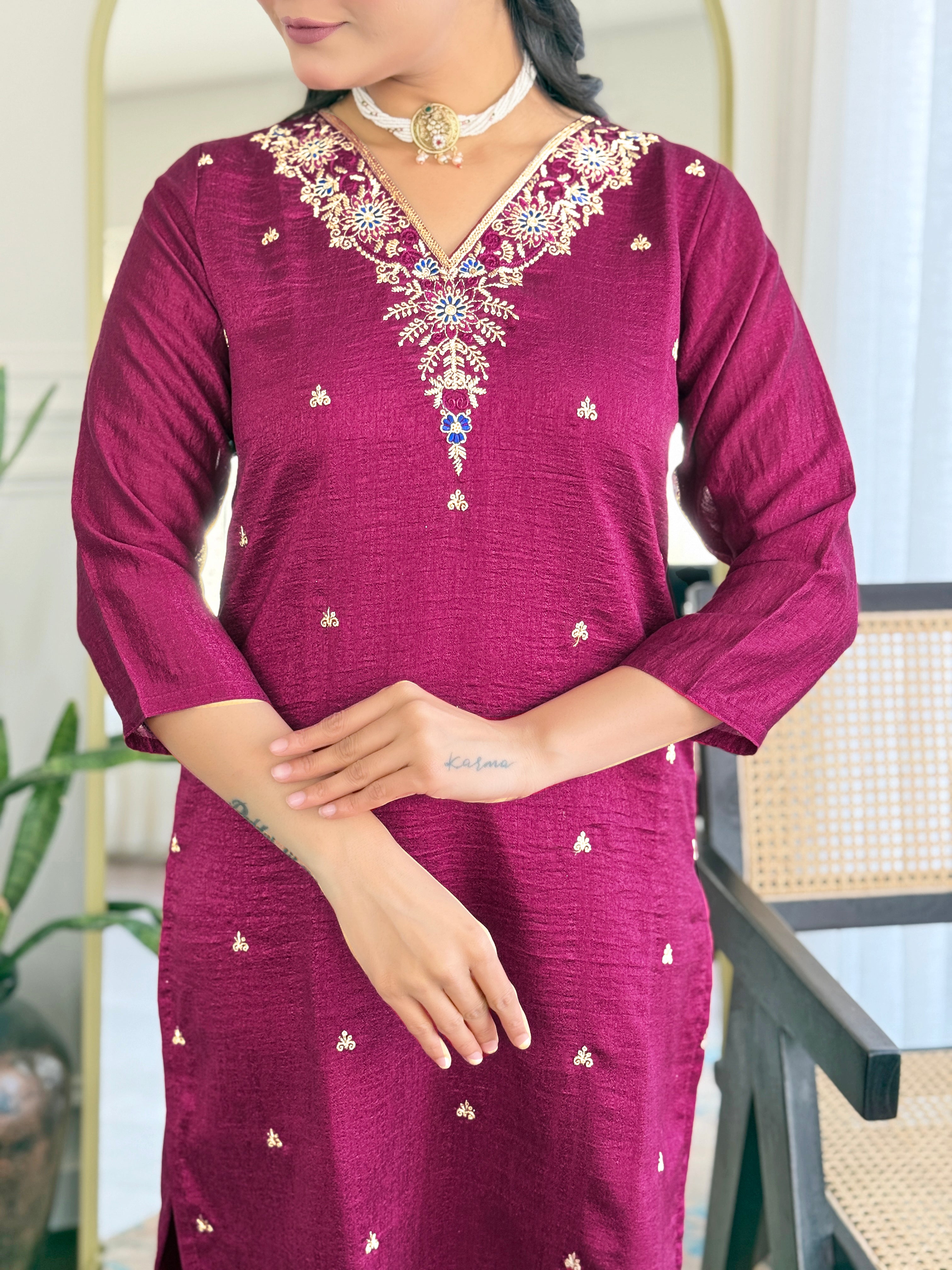 Festive Wear Wine Color Vichitra With Embroidery Work 3 Piece Kurta Set