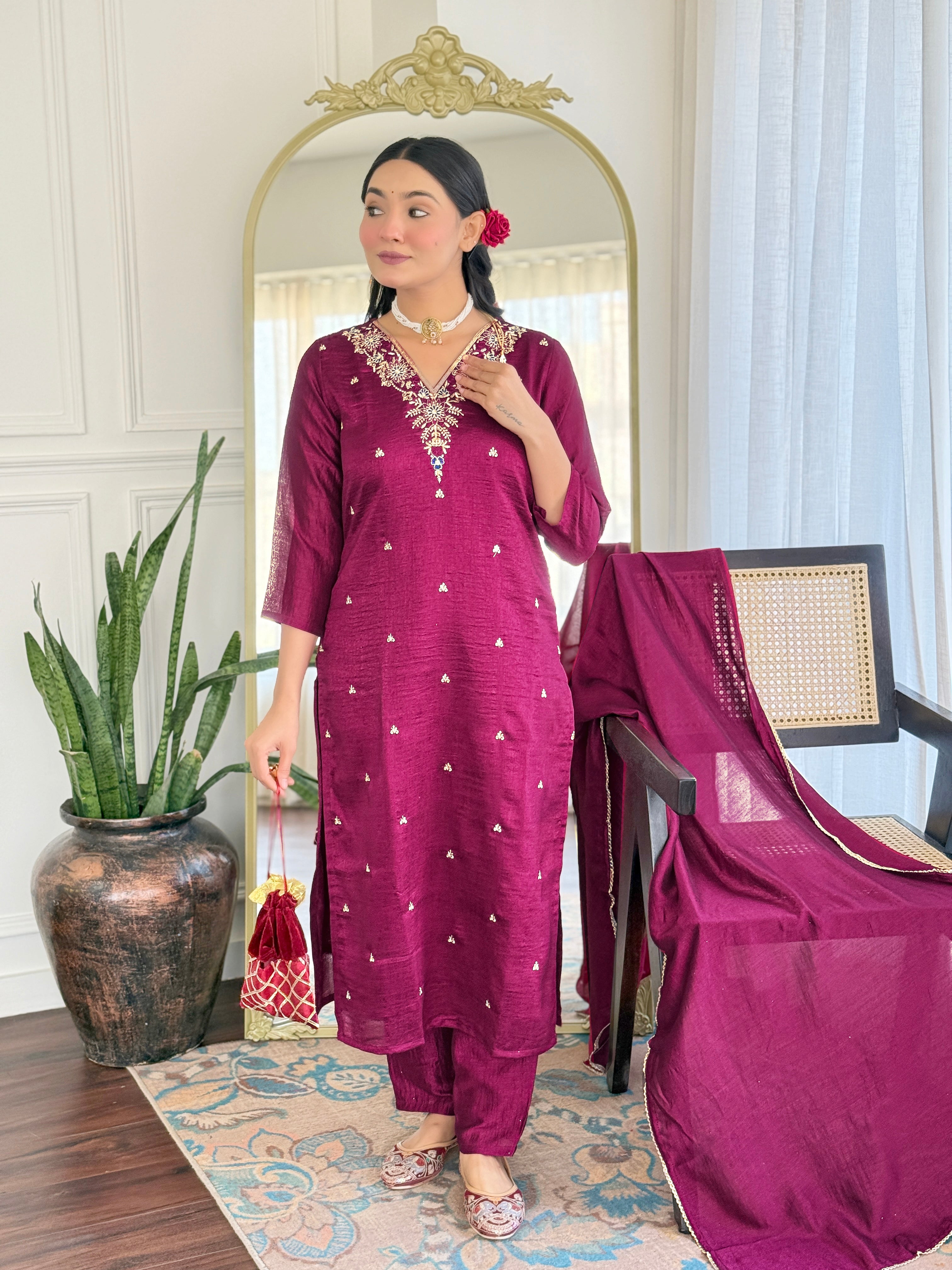 Festive Wear Wine Color Vichitra With Embroidery Work 3 Piece Kurta Set