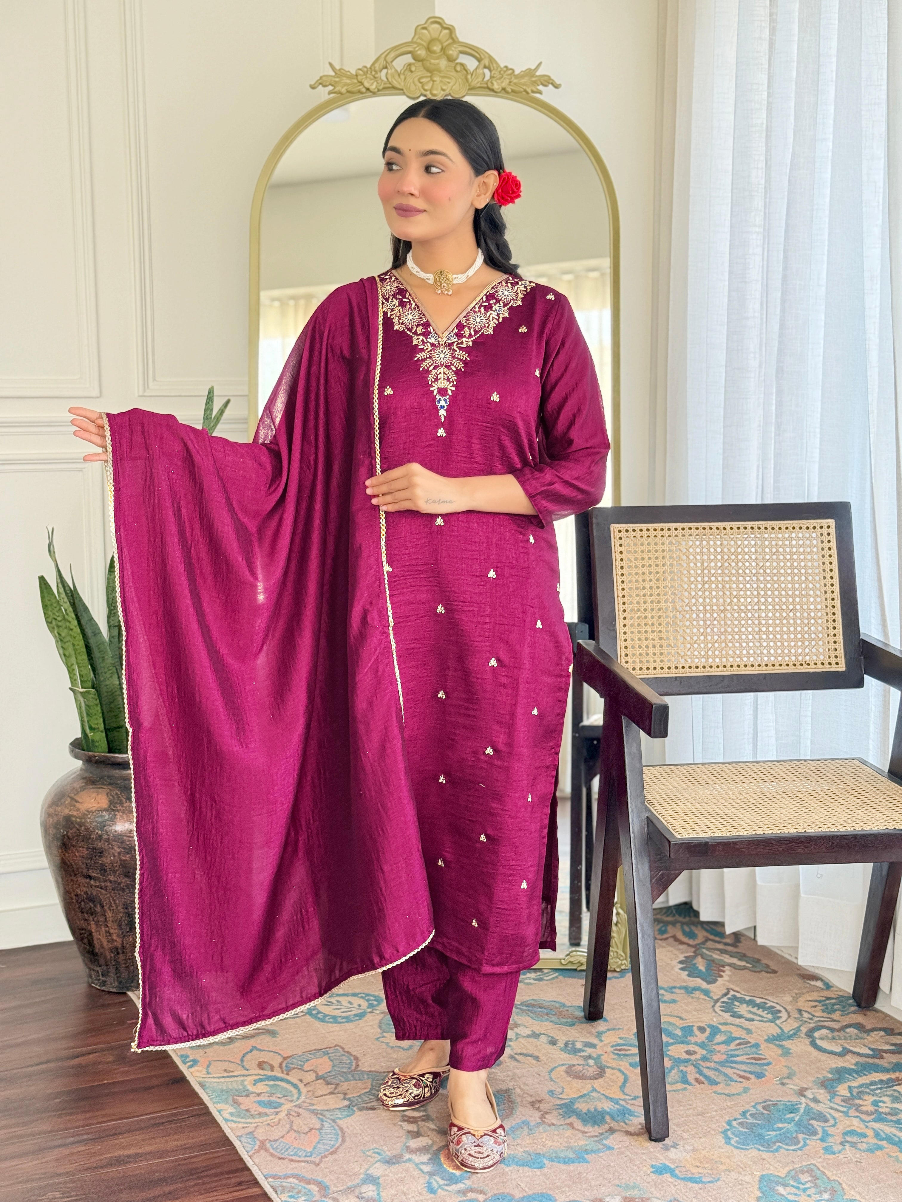 Festive Wear Wine Color Vichitra With Embroidery Work 3 Piece Kurta Set