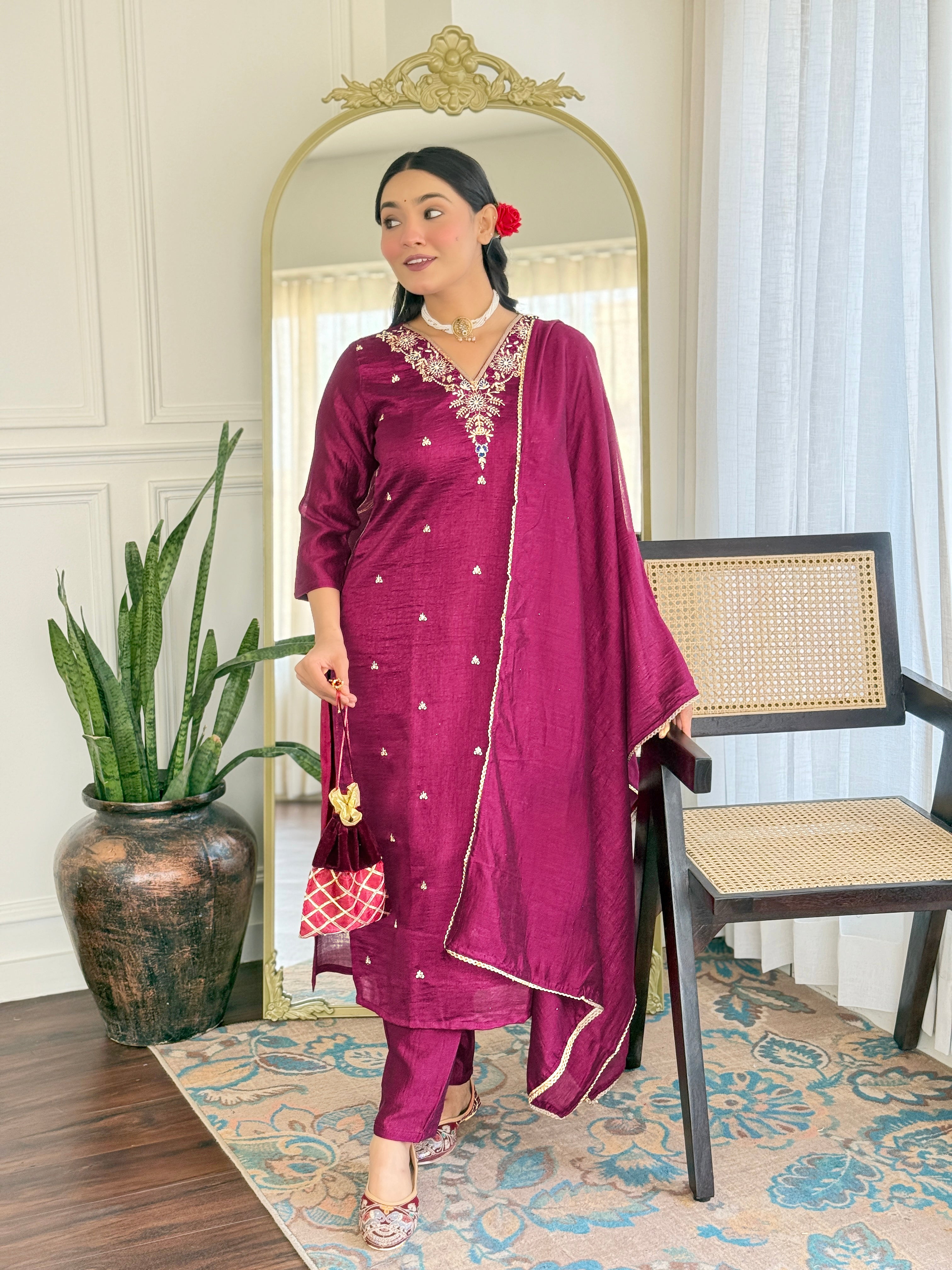 Festive Wear Wine Color Vichitra With Embroidery Work 3 Piece Kurta Set