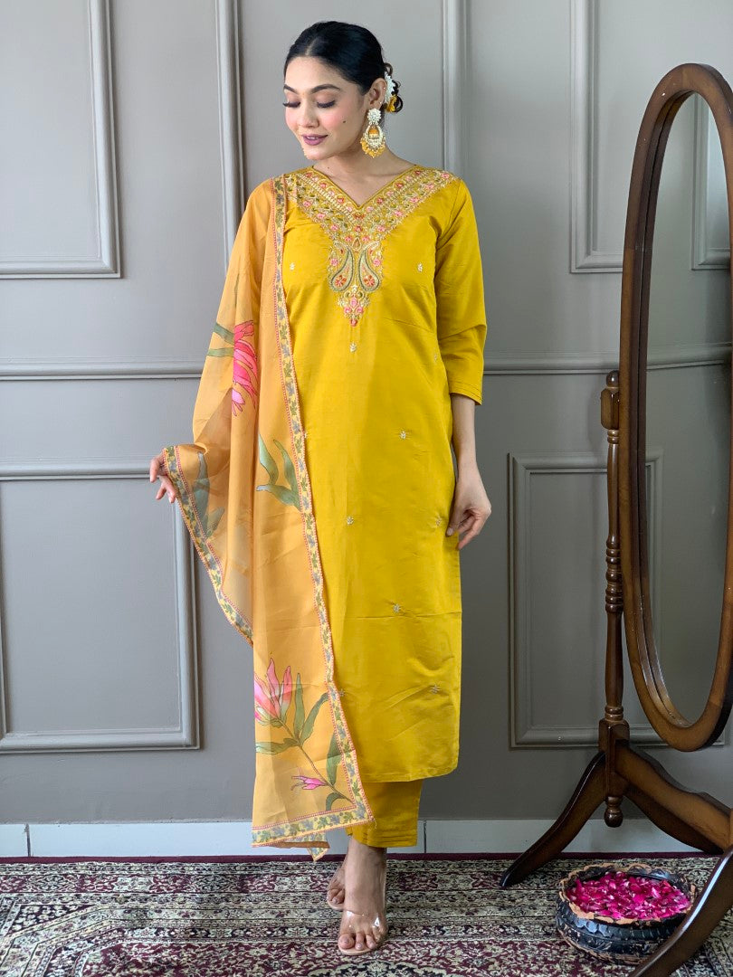 Function Wear Yellow Color Viscose Chanderi With Embroidery Work Kurta Set