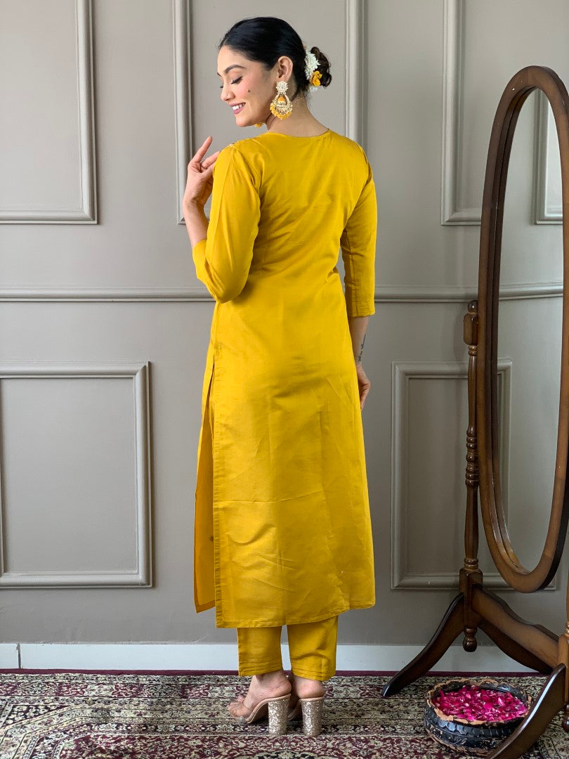 Function Wear Yellow Color Viscose Chanderi With Embroidery Work Kurta Set