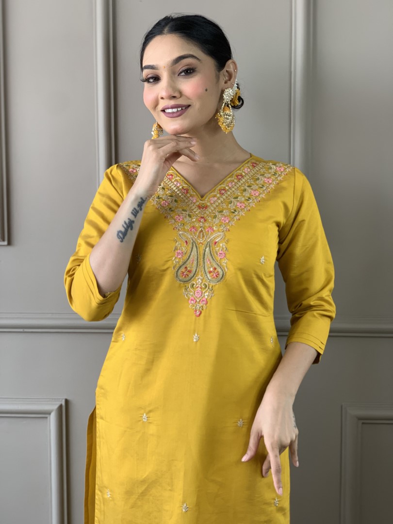 Function Wear Yellow Color Viscose Chanderi With Embroidery Work Kurta Set