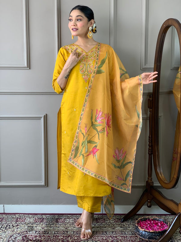Function Wear Yellow Color Viscose Chanderi With Embroidery Work Kurta Set