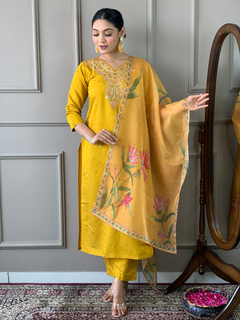 Function Wear Yellow Color Viscose Chanderi With Embroidery Work Kurta Set