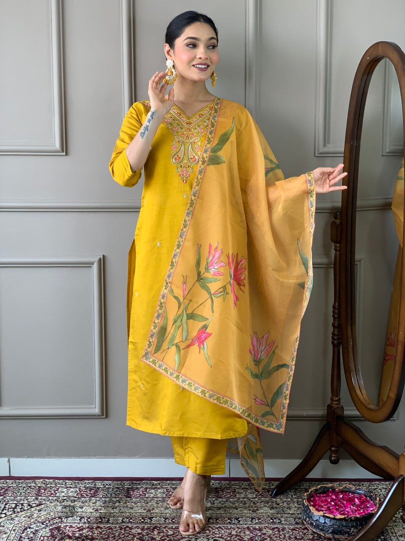 Function Wear Yellow Color Viscose Chanderi With Embroidery Work Kurta Set