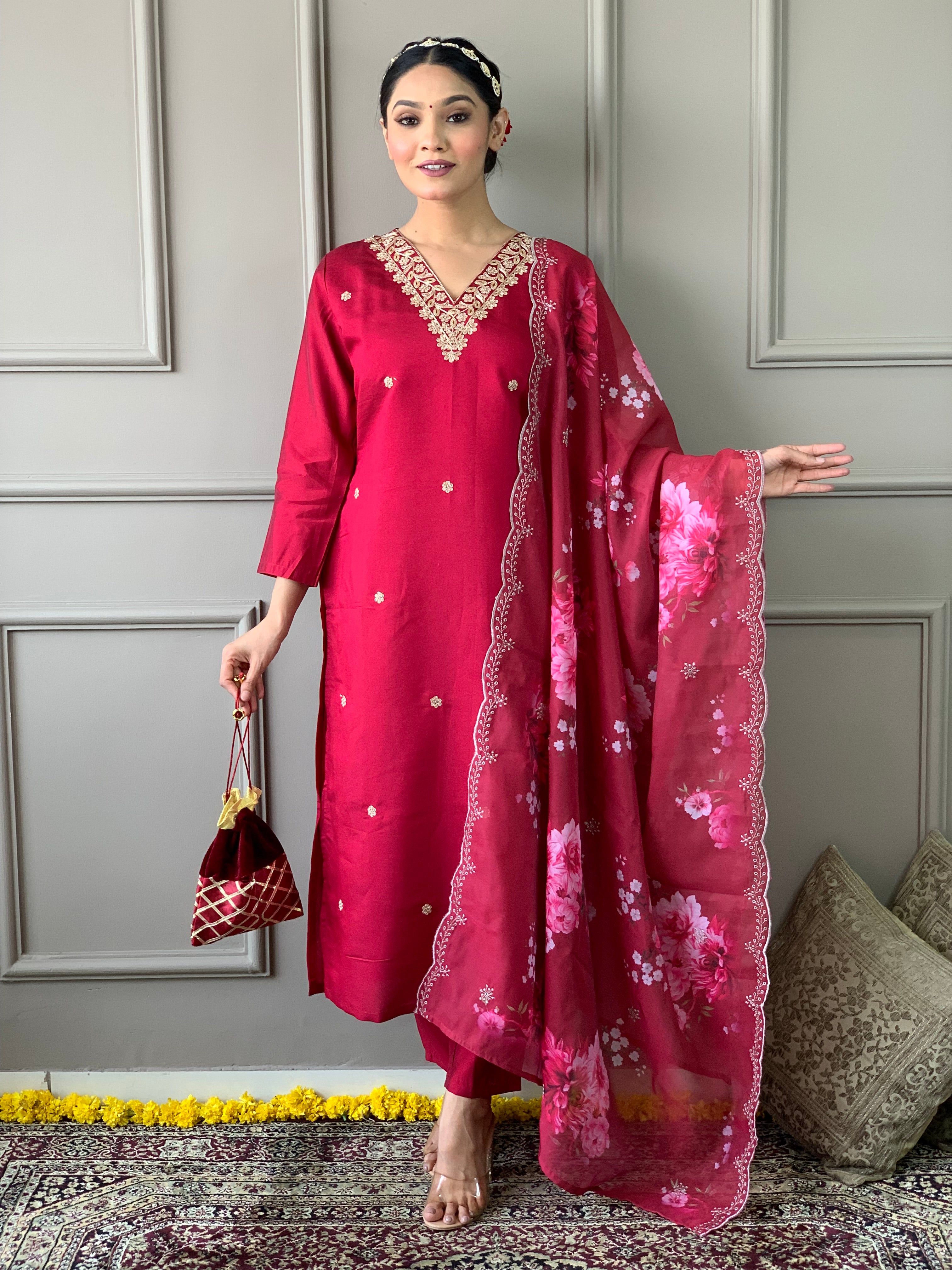 Party Wear Pink Color Viscose Chanderi With Embroidery Work Beautiful Kurta Set