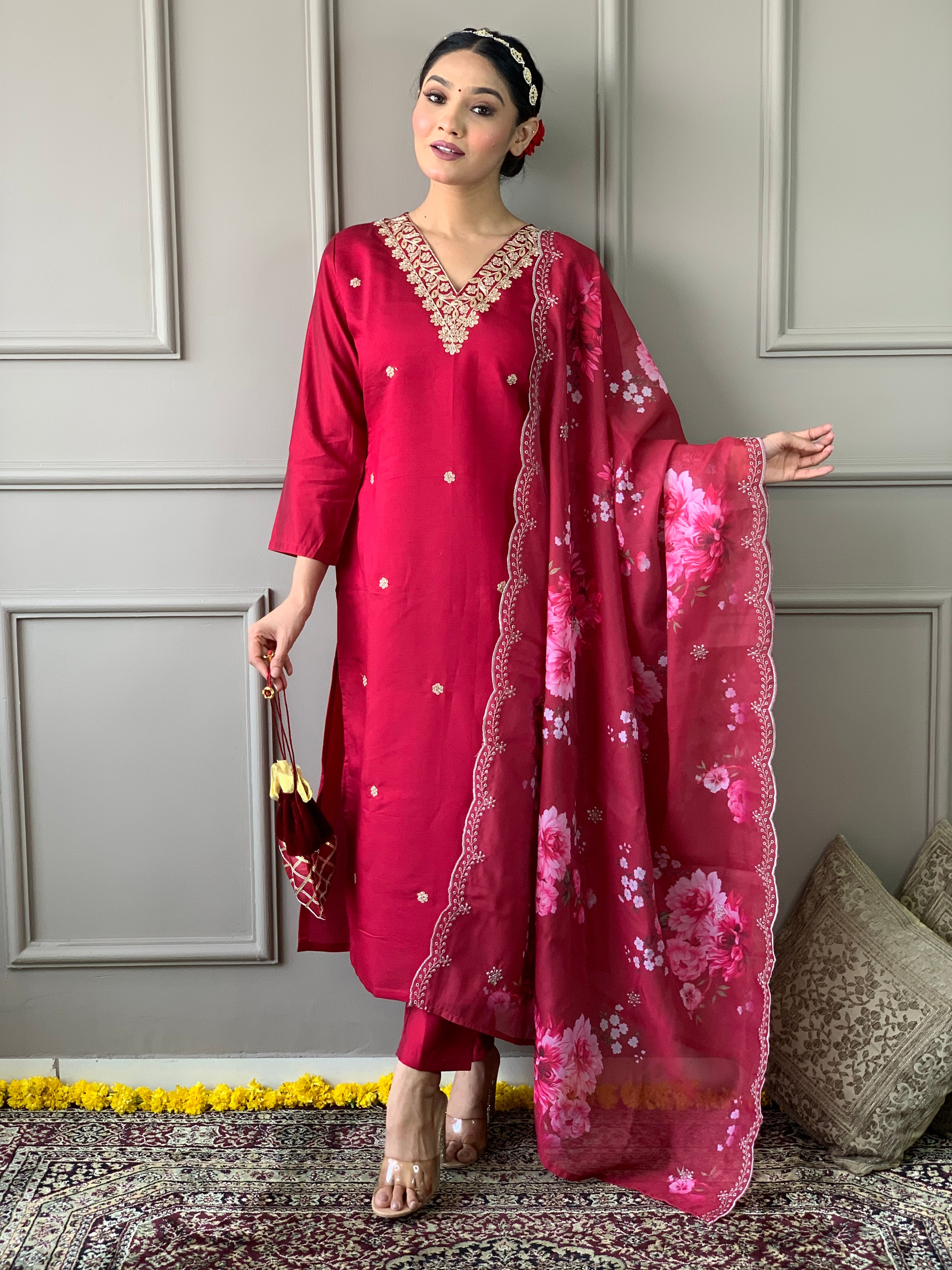 Party Wear Pink Color Viscose Chanderi With Embroidery Work Beautiful Kurta Set
