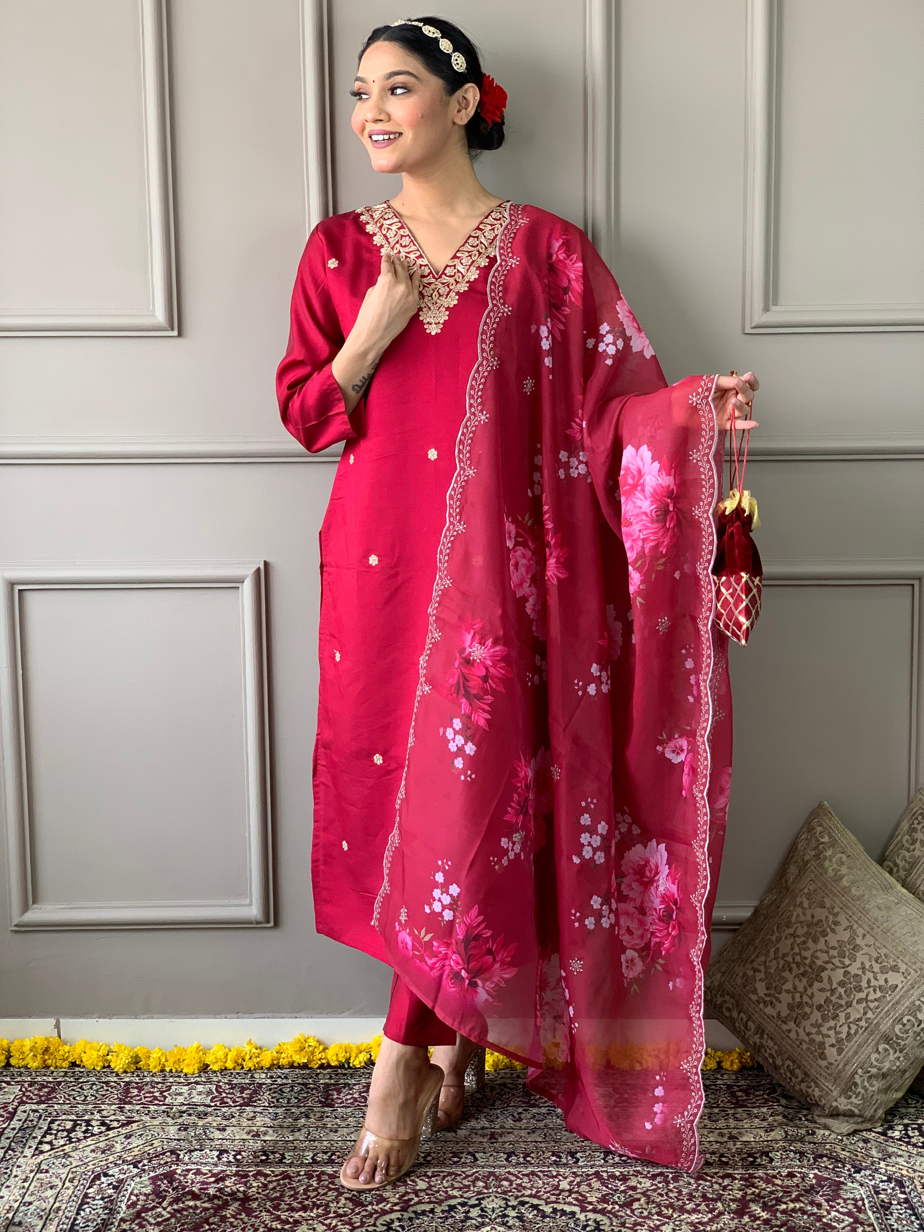 Party Wear Pink Color Viscose Chanderi With Embroidery Work Beautiful Kurta Set