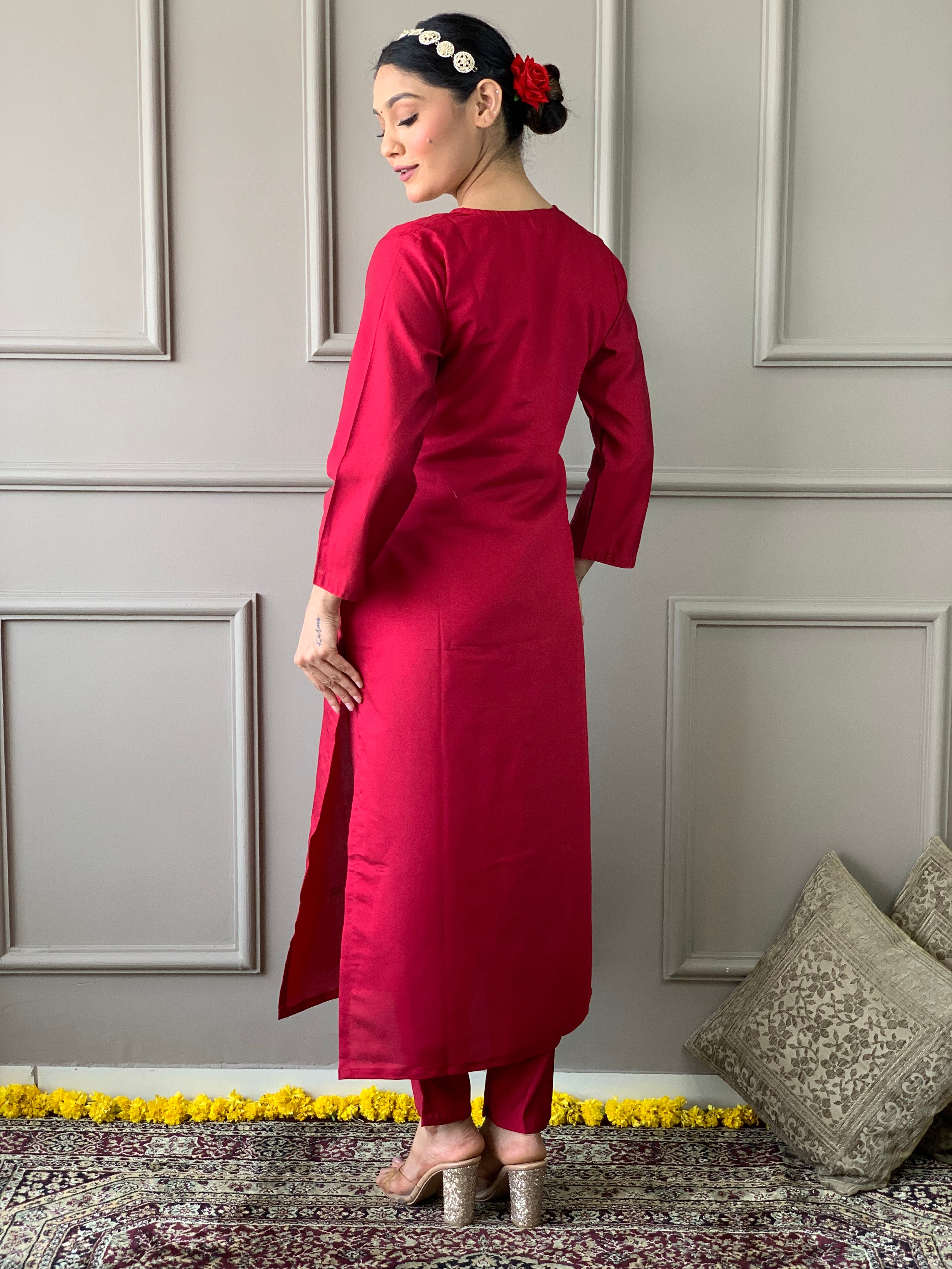 Party Wear Pink Color Viscose Chanderi With Embroidery Work Beautiful Kurta Set