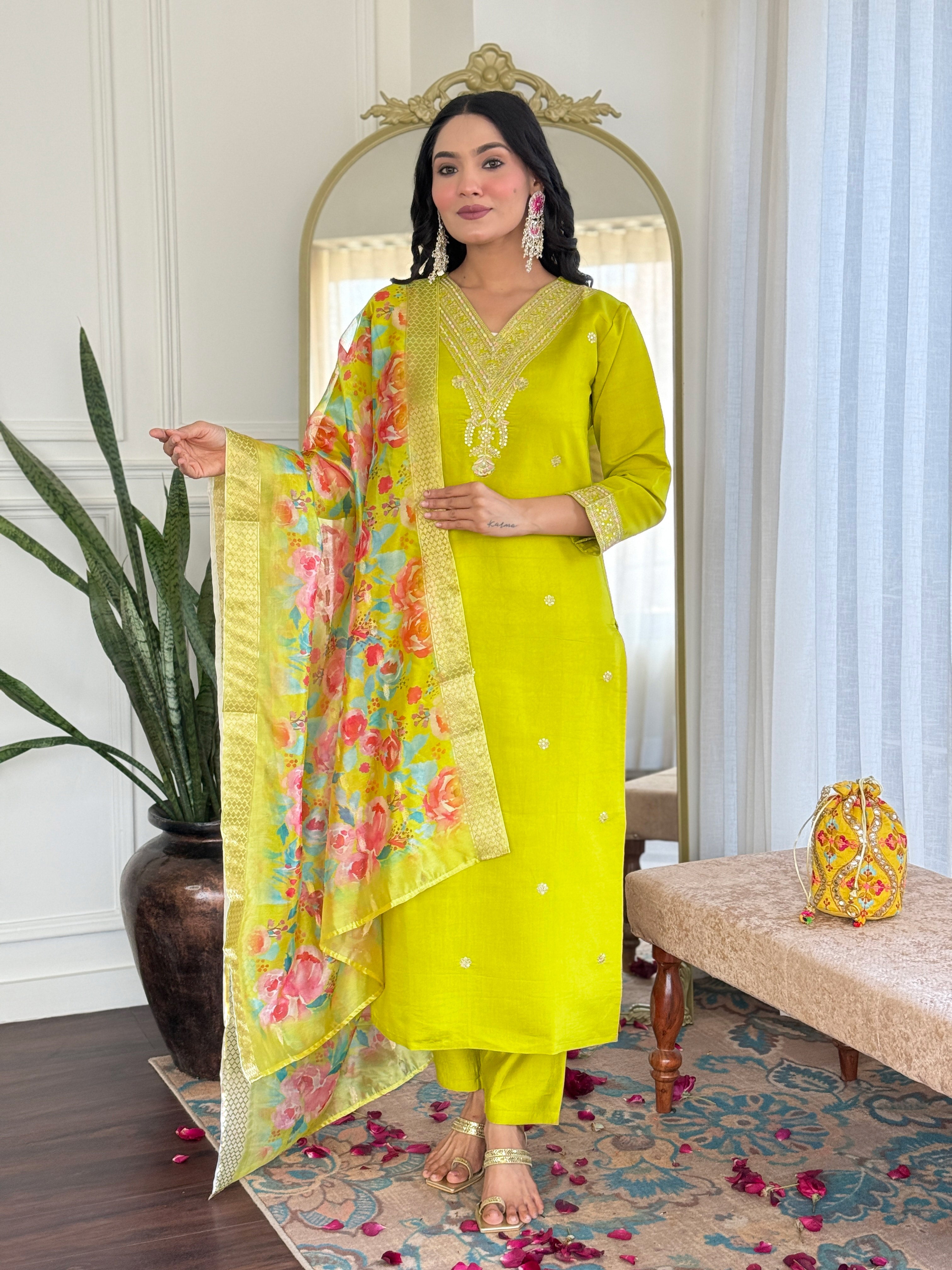 Marvelous Lemon Color Viscose Chanderi With Embroidery Work Designer Kurta Set