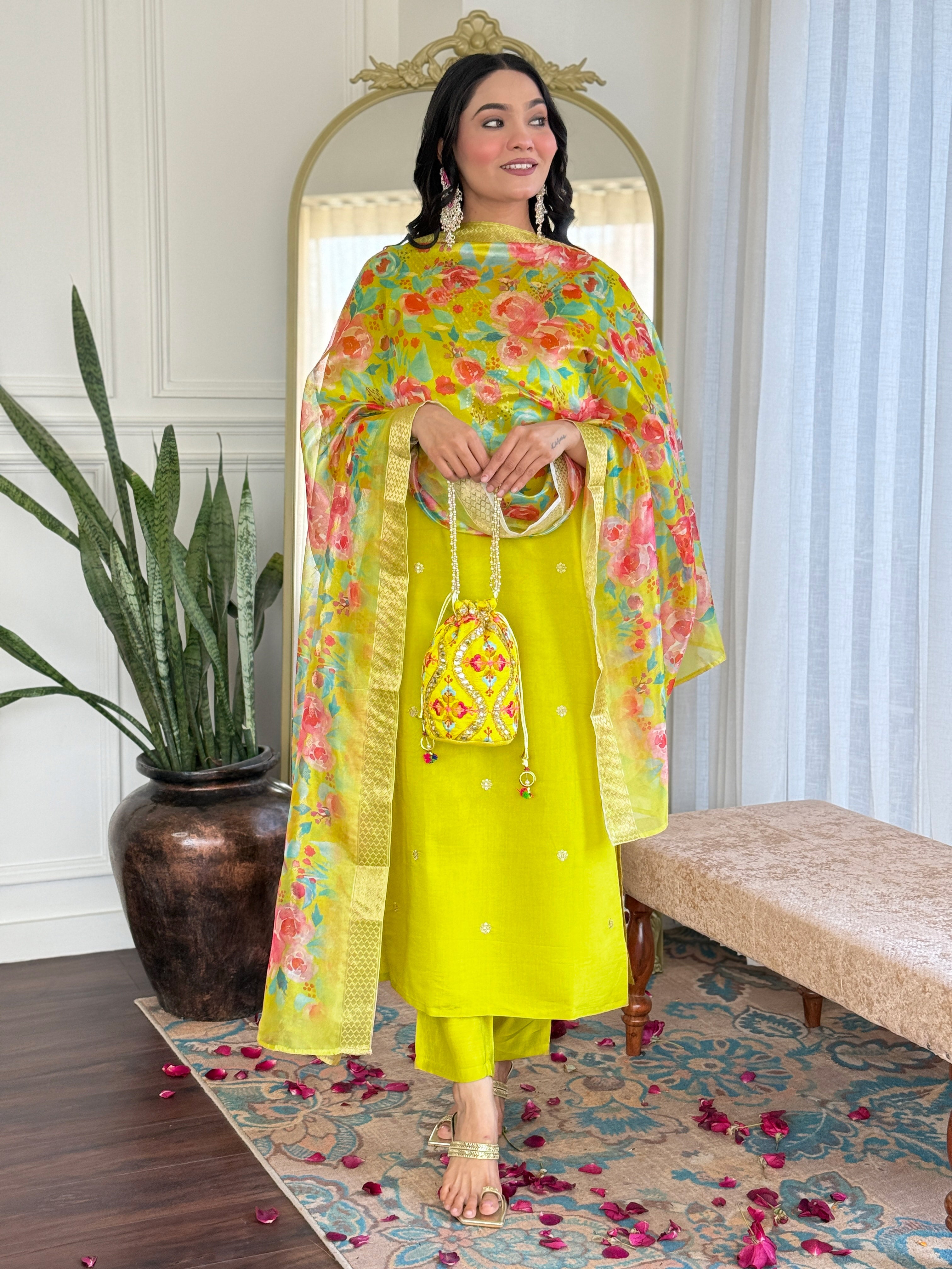 Marvelous Lemon Color Viscose Chanderi With Embroidery Work Designer Kurta Set