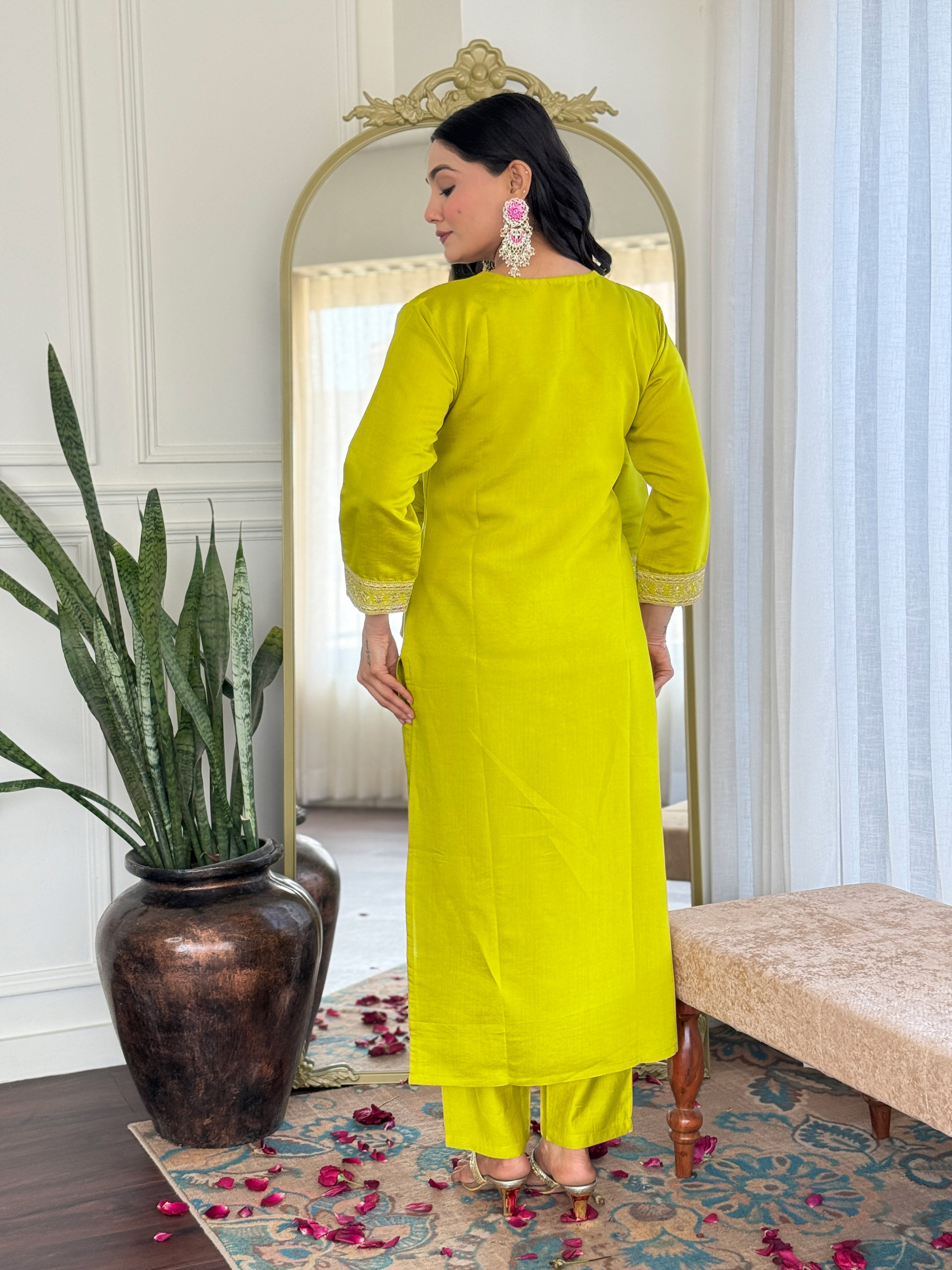 Marvelous Lemon Color Viscose Chanderi With Embroidery Work Designer Kurta Set