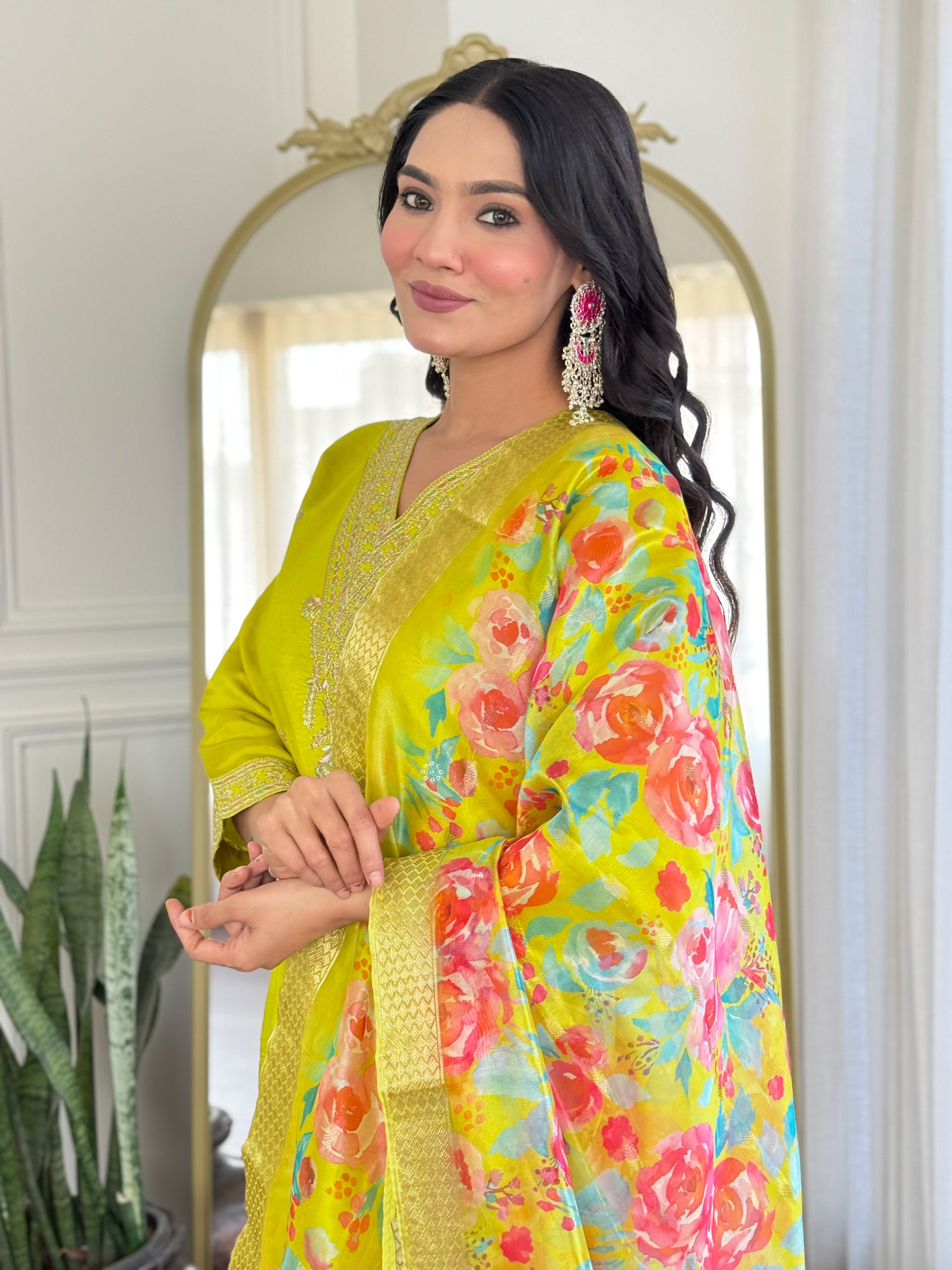 Marvelous Lemon Color Viscose Chanderi With Embroidery Work Designer Kurta Set