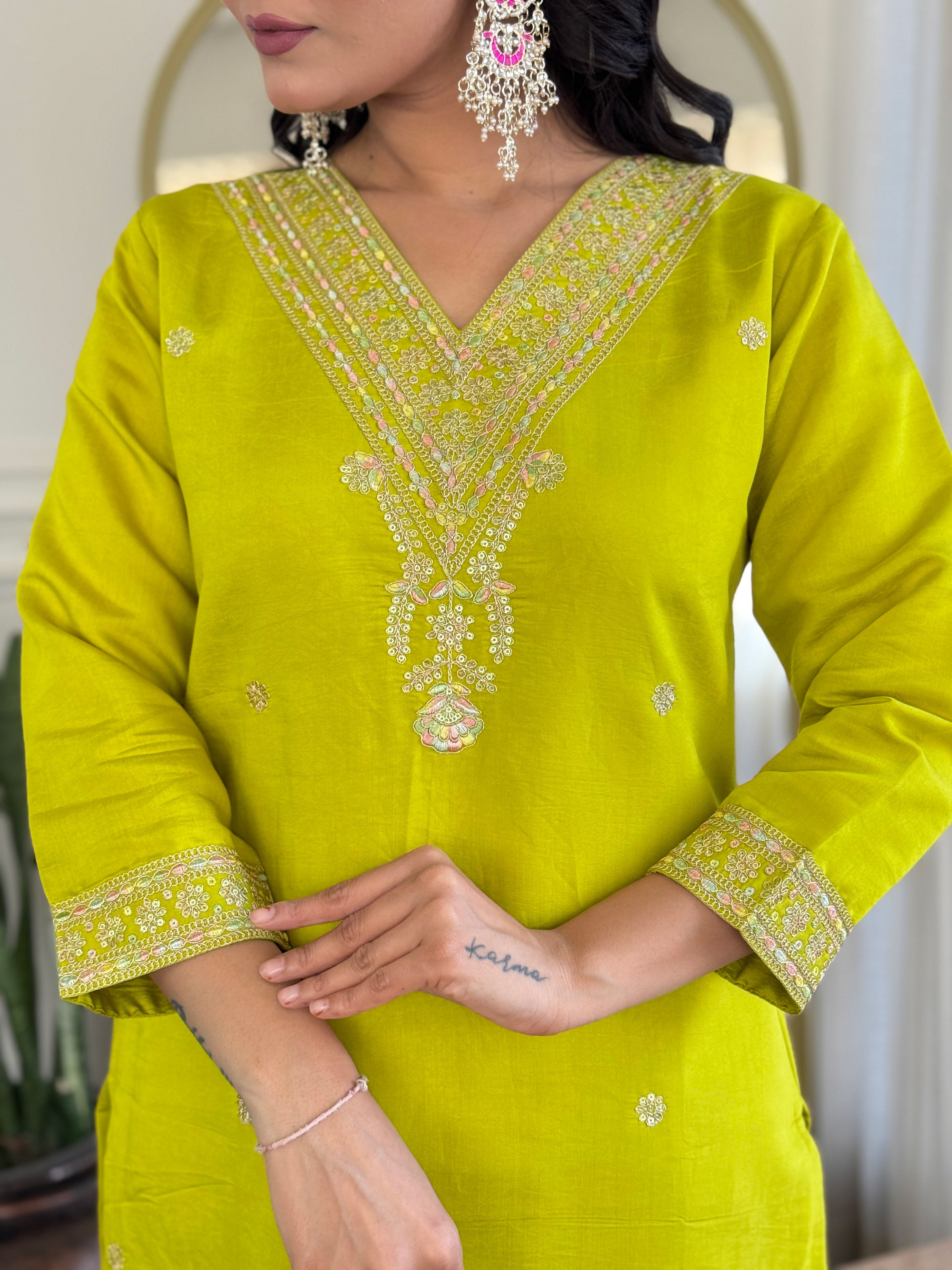 Marvelous Lemon Color Viscose Chanderi With Embroidery Work Designer Kurta Set