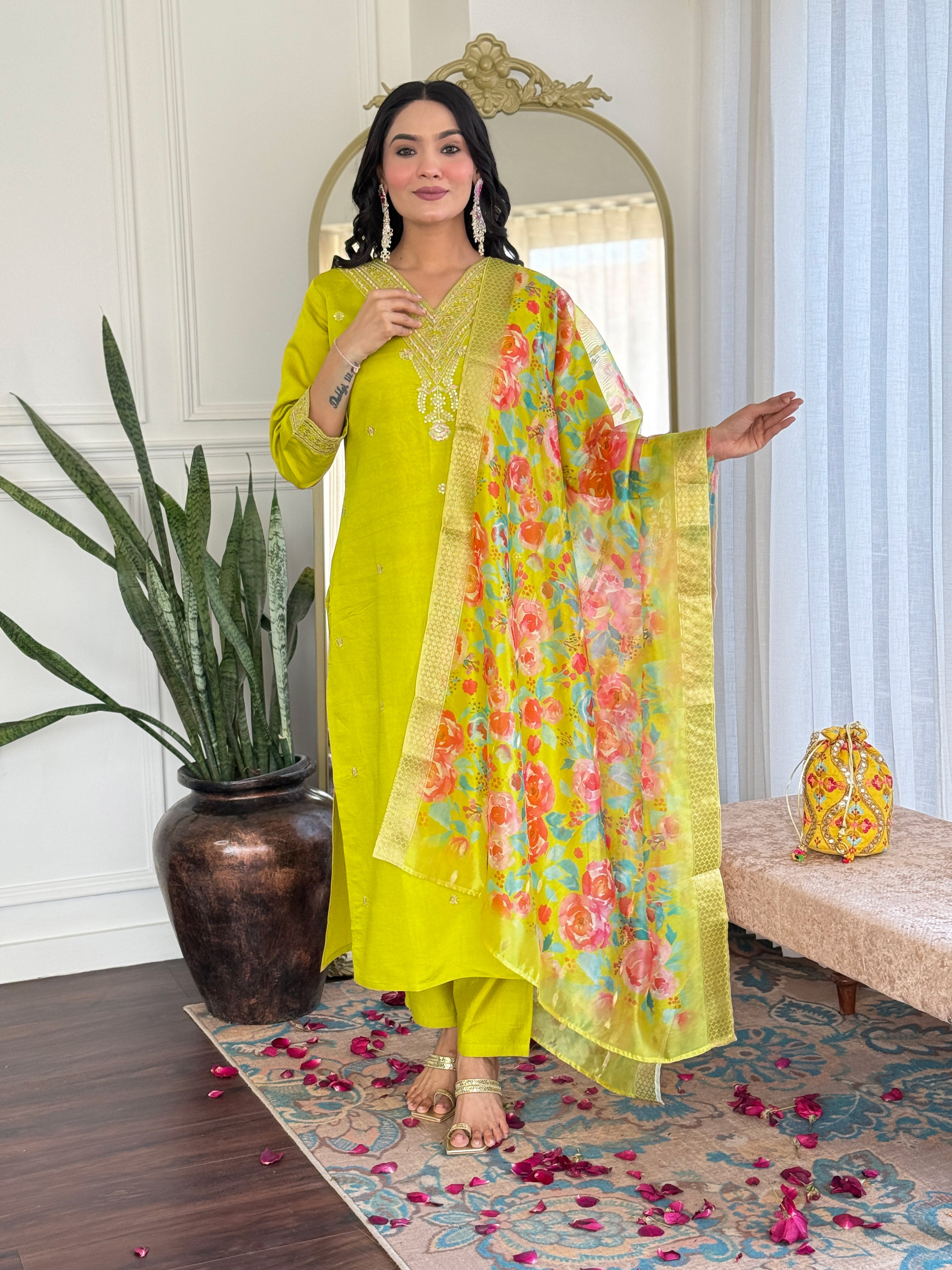 Marvelous Lemon Color Viscose Chanderi With Embroidery Work Designer Kurta Set