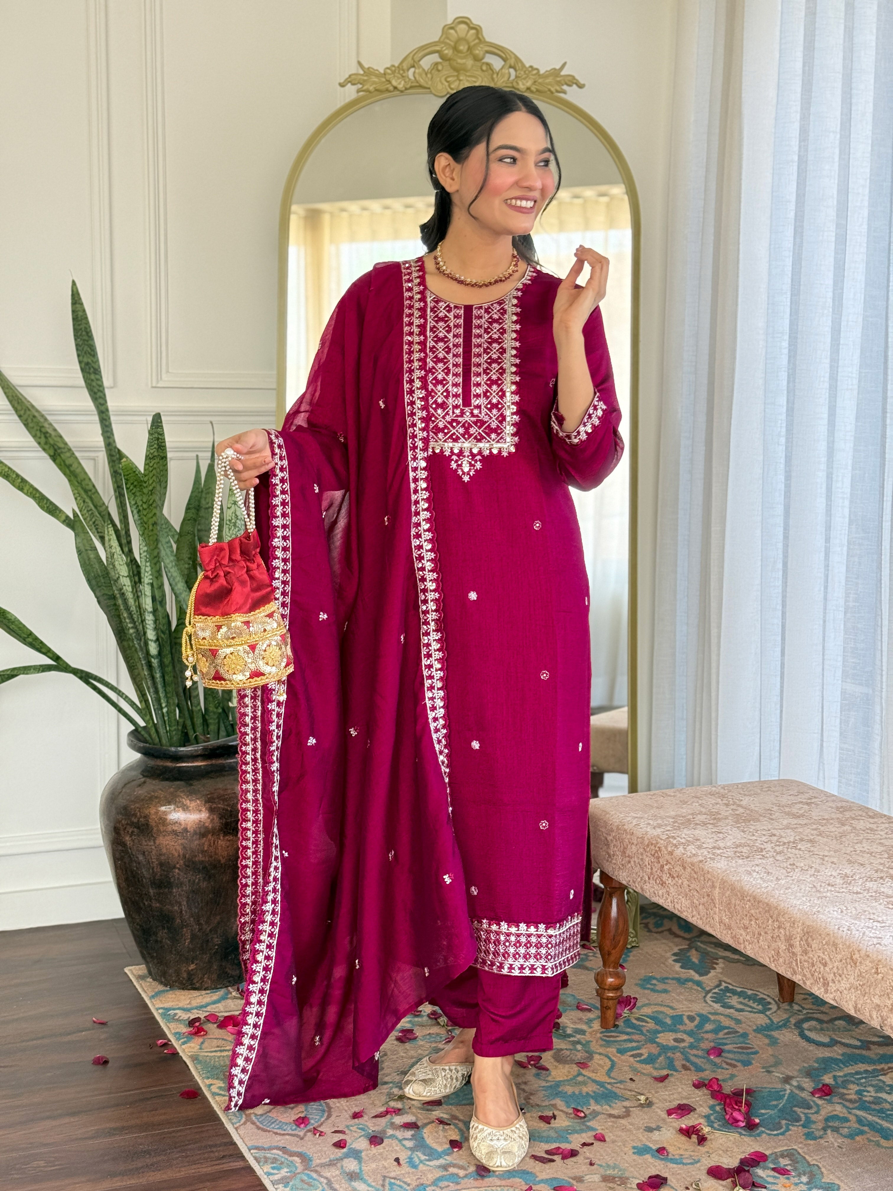 Wedding Wear Dark Pink Color Vichitra Silk With Embroidery Work Designer Kurta Set