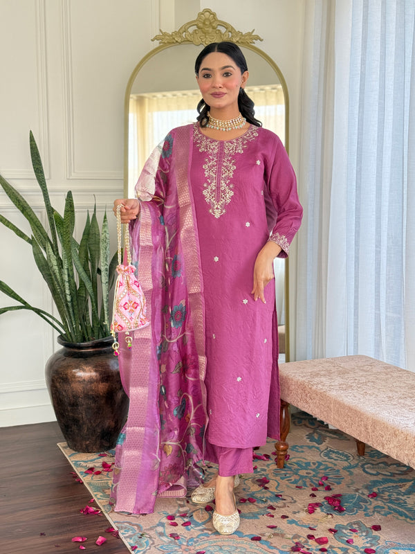 Stylish Light Purple Color Viscose Chanderi With Embroidery Work Designer Kurta Set