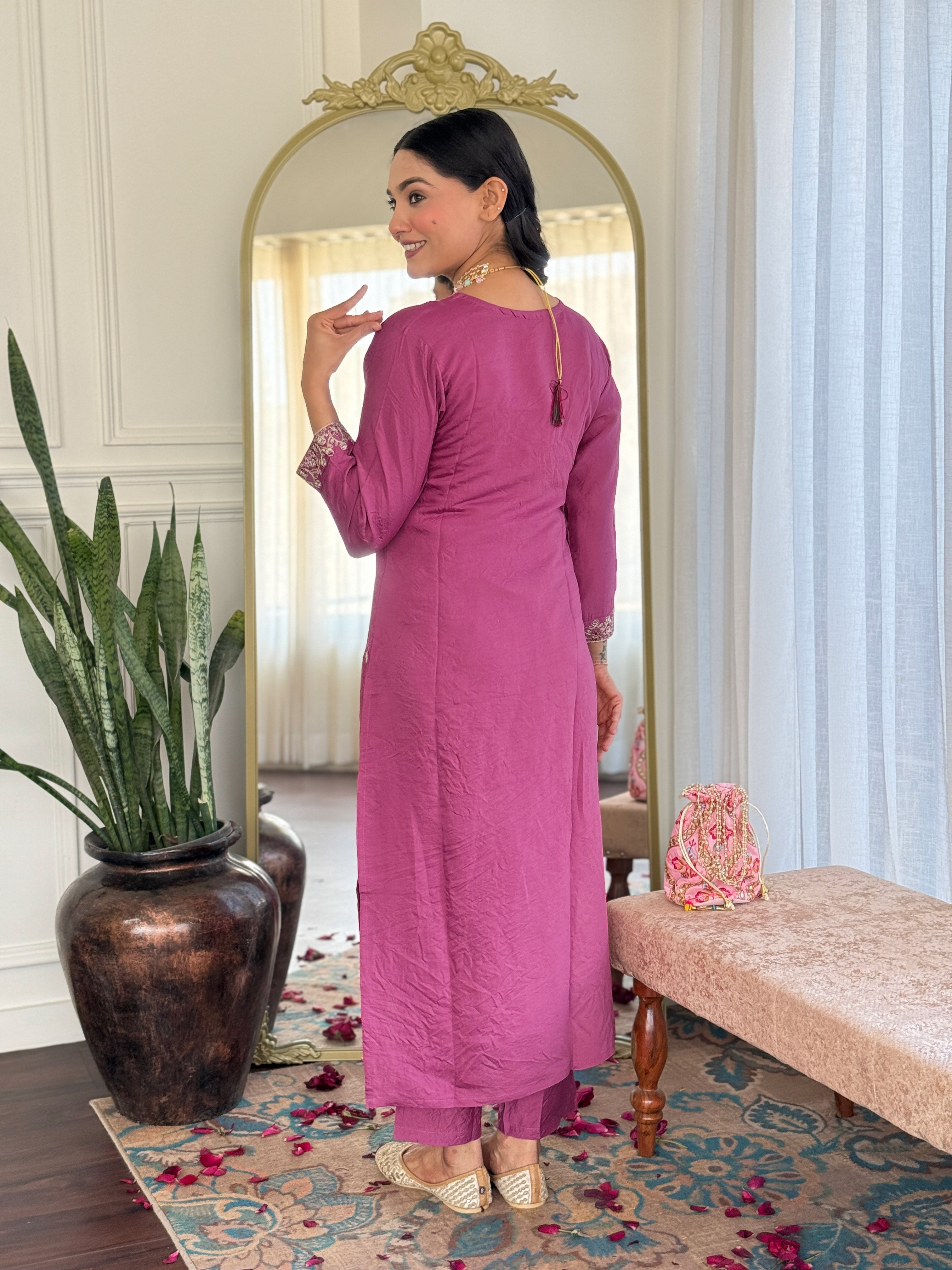 Stylish Light Purple Color Viscose Chanderi With Embroidery Work Designer Kurta Set
