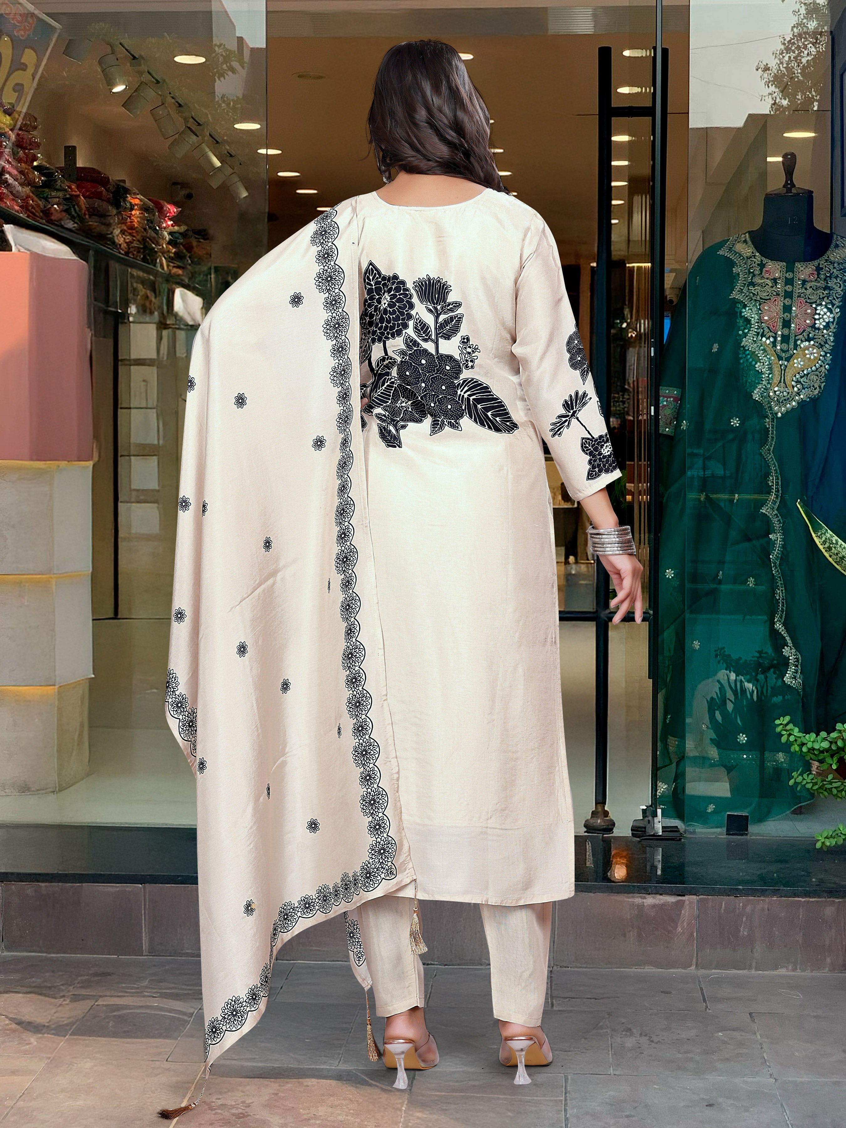 Alluring Cream Color Chanderi With Embroidery And Printed Work Beautiful Kurta Set