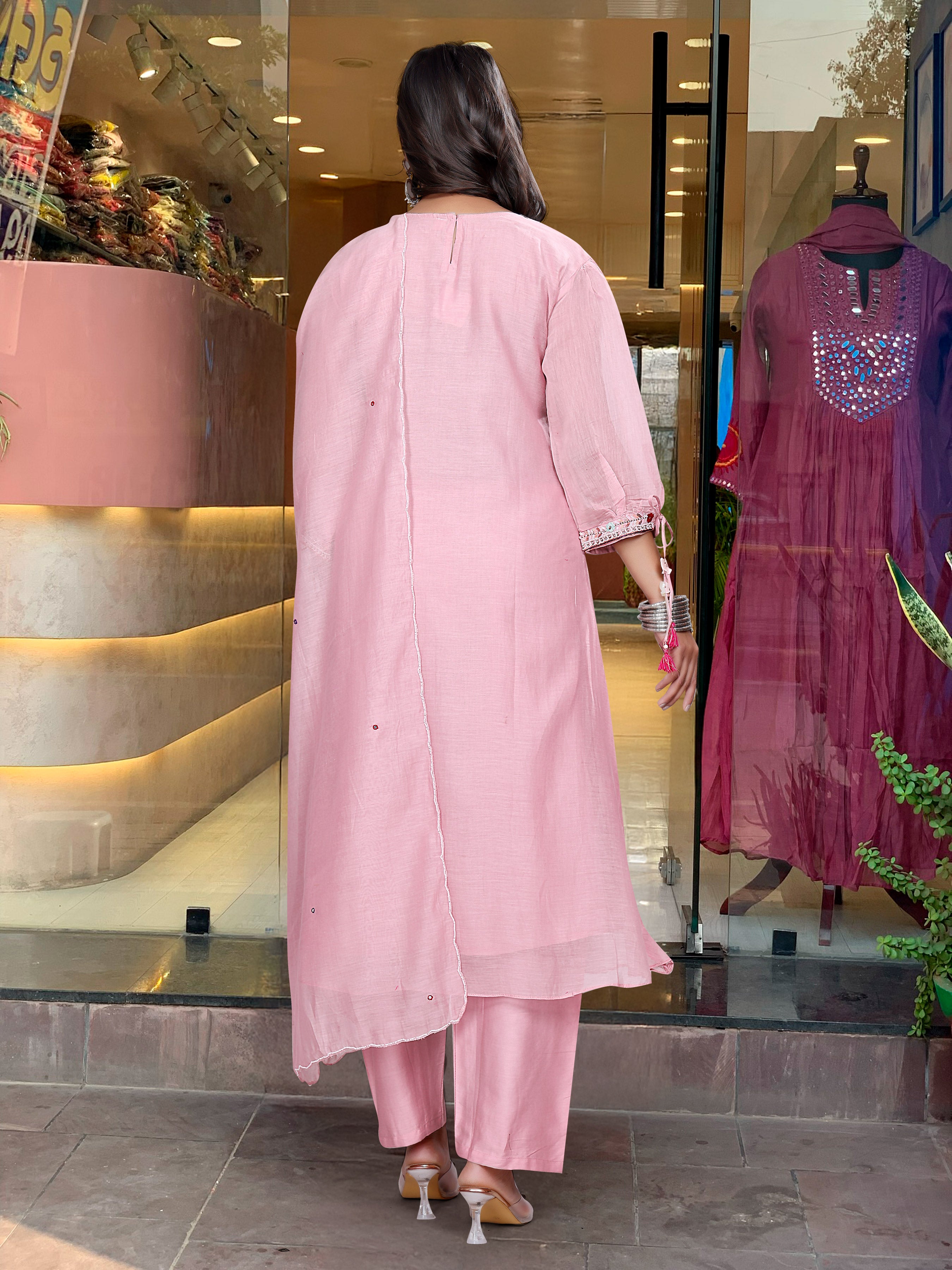 Luxuriant Baby Pink Color Chanderi Silk With Embroidery Work Kurta Set