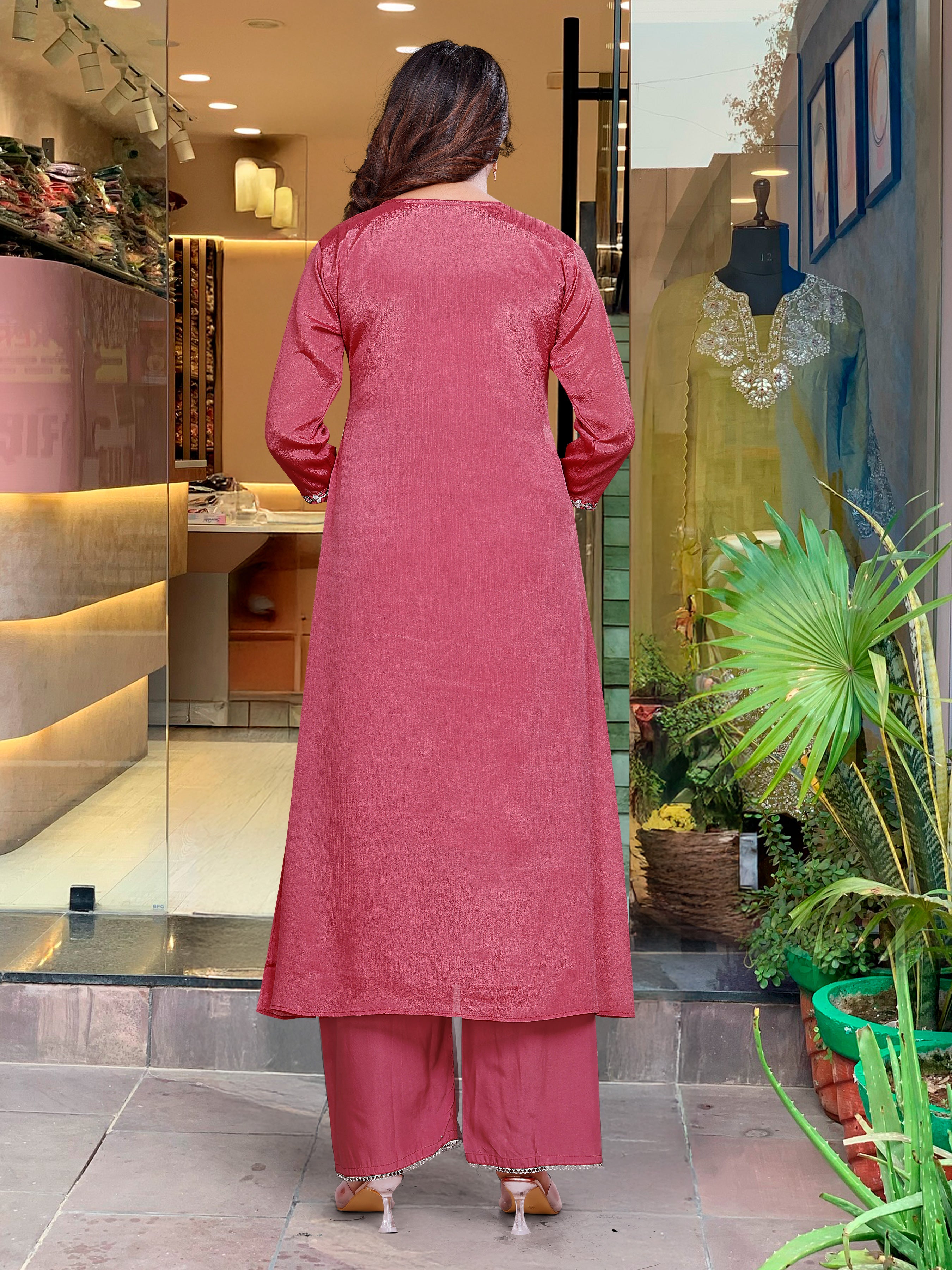 Beautiful Pink Color Viscose Chinon With Embroidery Work Kurta Set