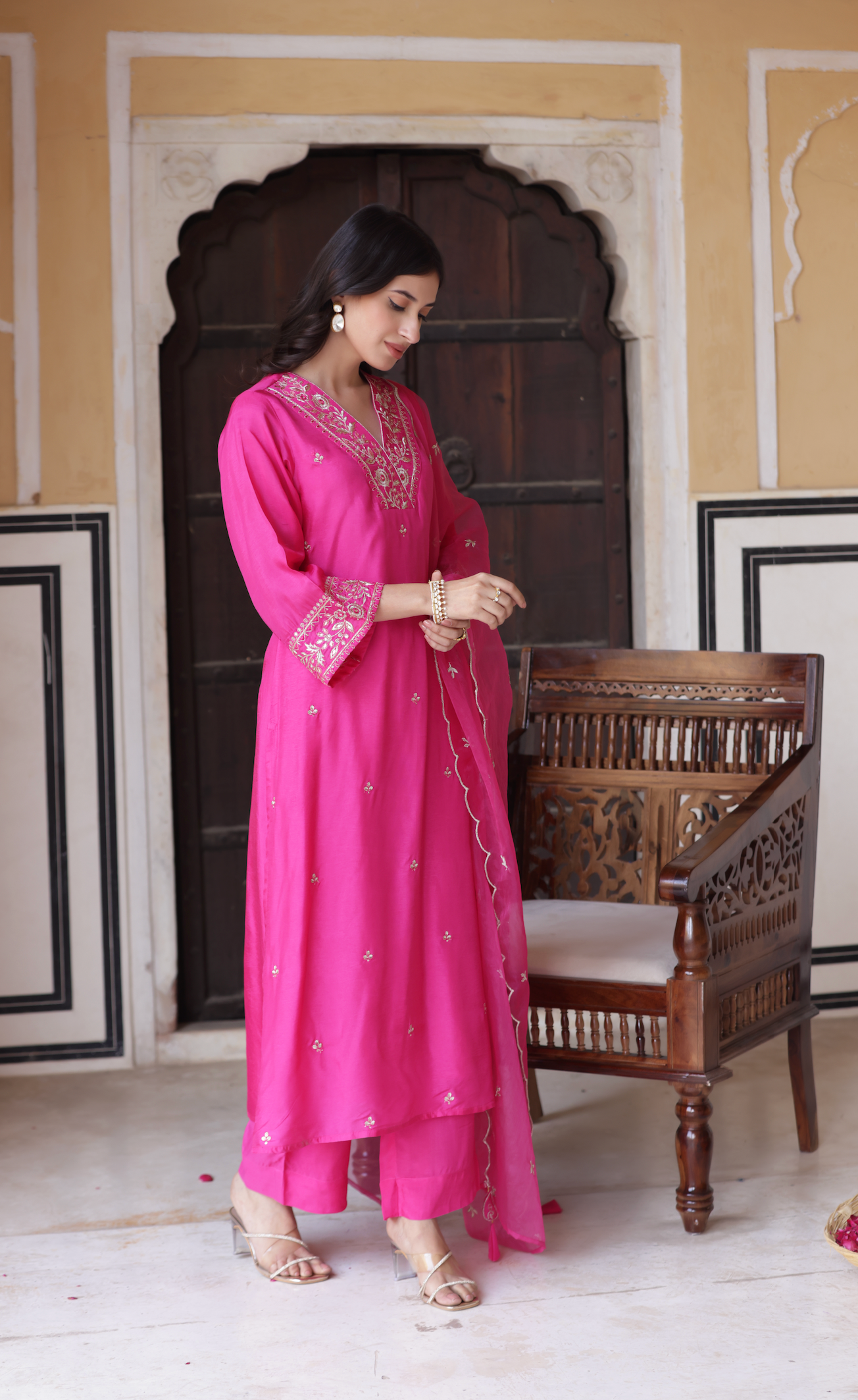 Mesmerizing Pink Color Chanderi Viscose With Embroidery Work Beautiful Kurta Set