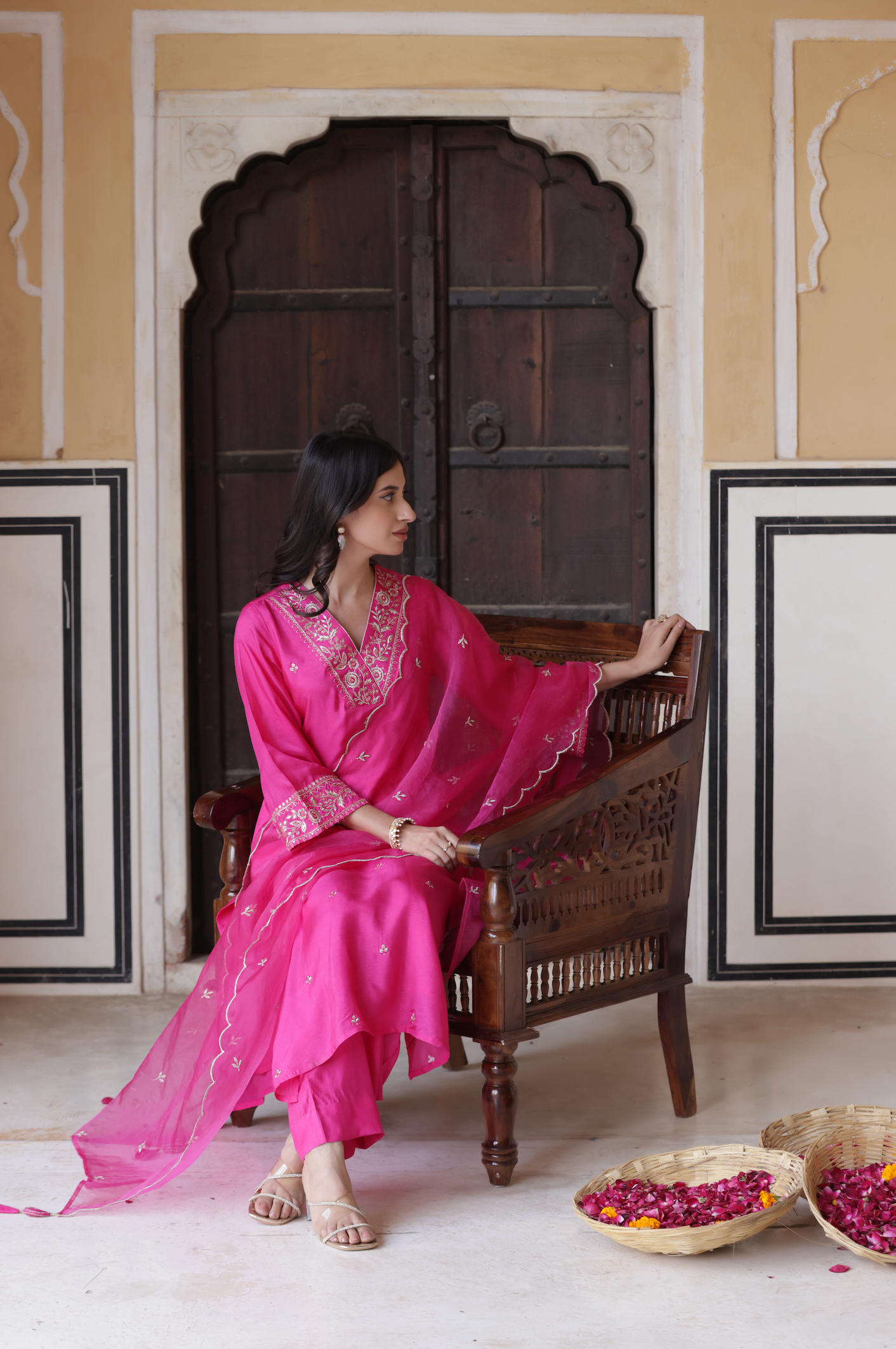 Mesmerizing Pink Color Chanderi Viscose With Embroidery Work Beautiful Kurta Set