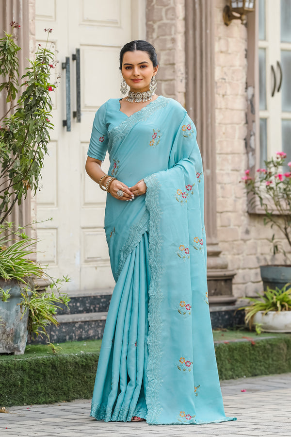 Floral Embroidery Cutwork White Color Saree
