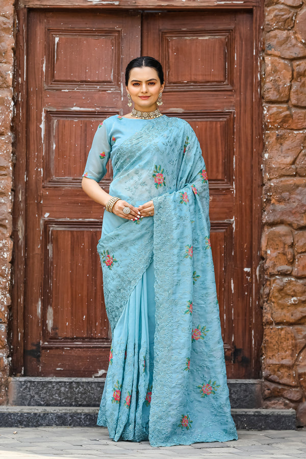 Marvelous Embroidory Cutwork Sky Blue Saree