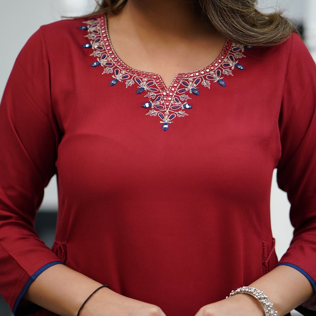 Ravishing Red Color Viscose Rayon With Embroidery Work Beautiful Kurta Set