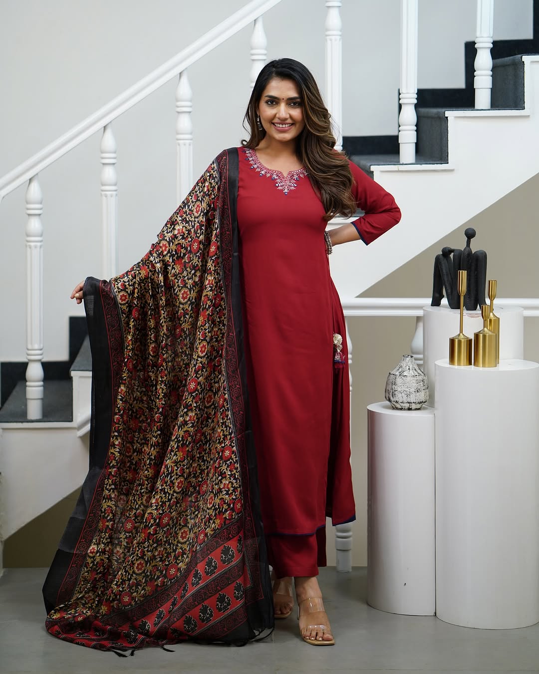 Ravishing Red Color Viscose Rayon With Embroidery Work Beautiful Kurta Set