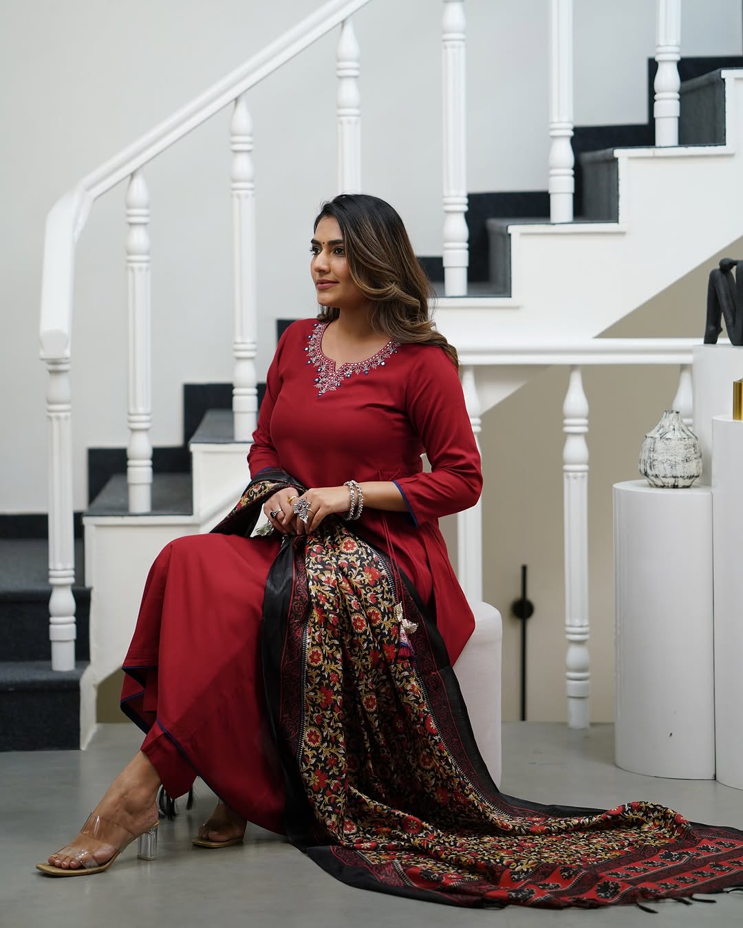 Ravishing Red Color Viscose Rayon With Embroidery Work Beautiful Kurta Set
