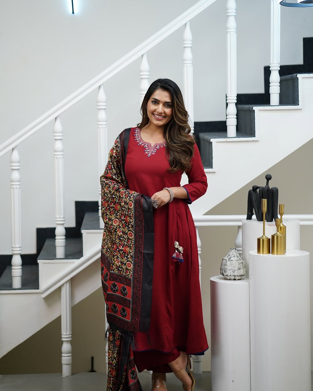 Ravishing Red Color Viscose Rayon With Embroidery Work Beautiful Kurta Set